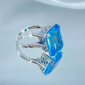Natural Blue Topaz Ring, Size 7.5, Cushion Cut Rectangle Gem, D225 - Ready to Ship