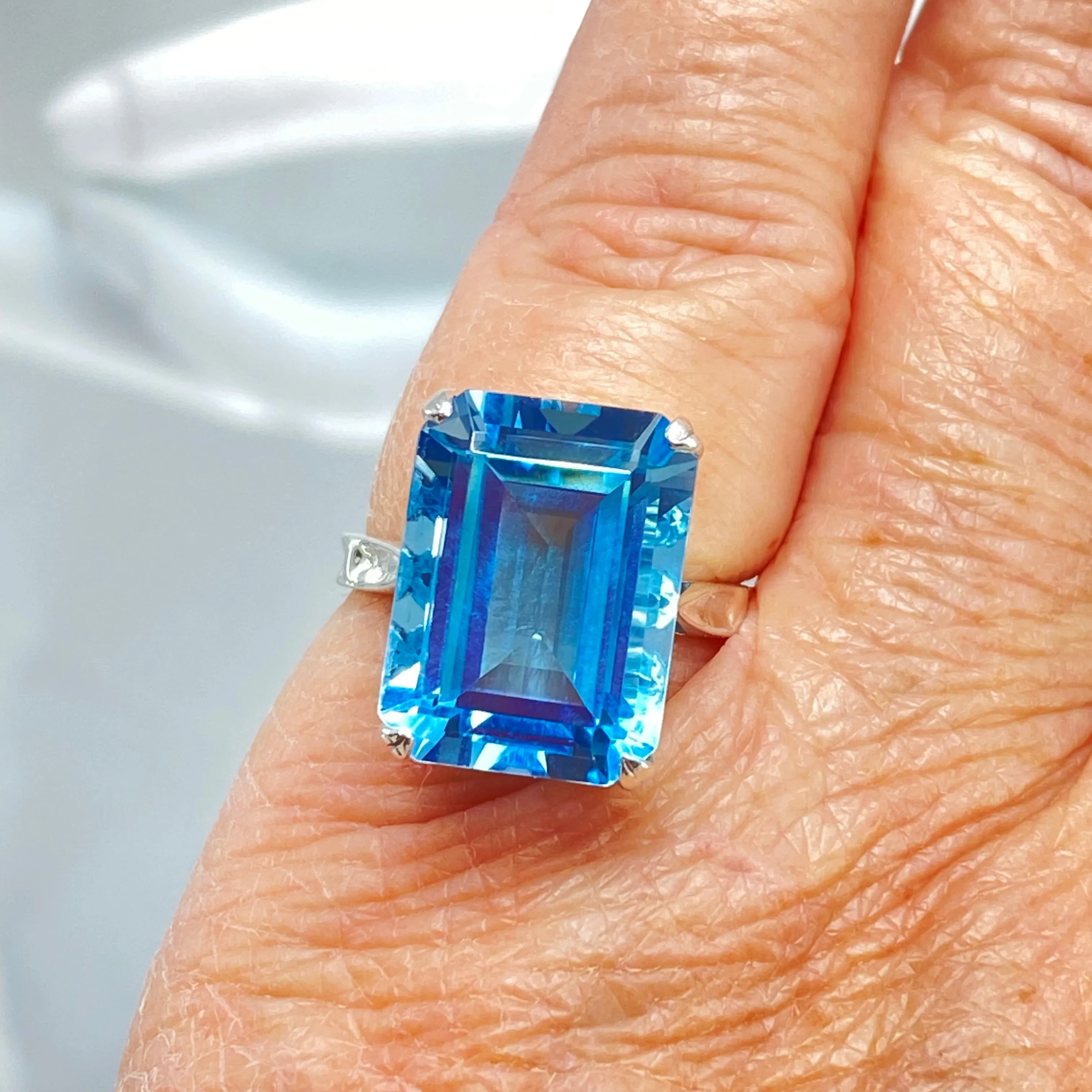 Natural Blue Topaz Ring, Size 7.5, Cushion Cut Rectangle Gem, D225 - Ready to Ship