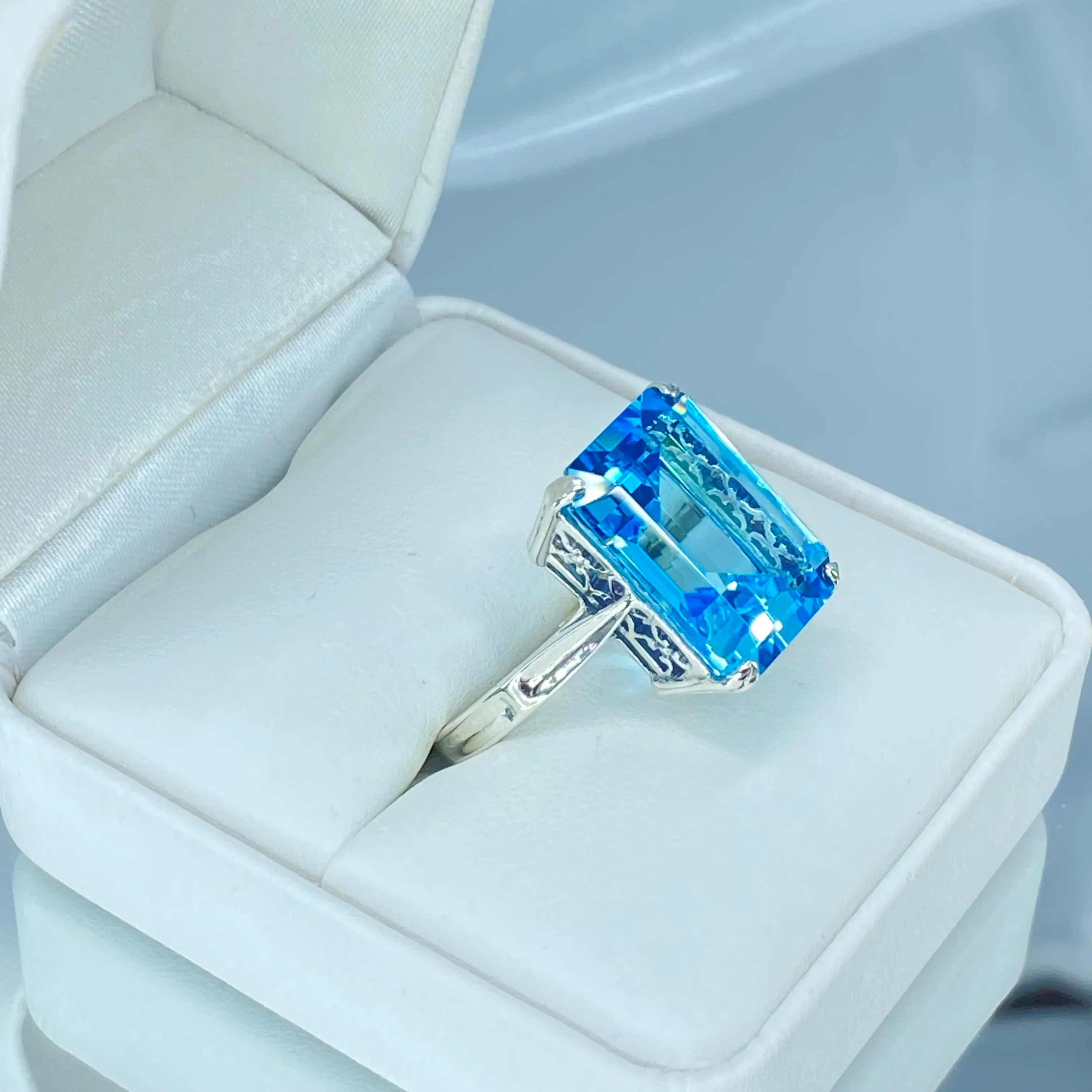 Natural Blue Topaz Ring, Size 7.5, Cushion Cut Rectangle Gem, D225 - Ready to Ship