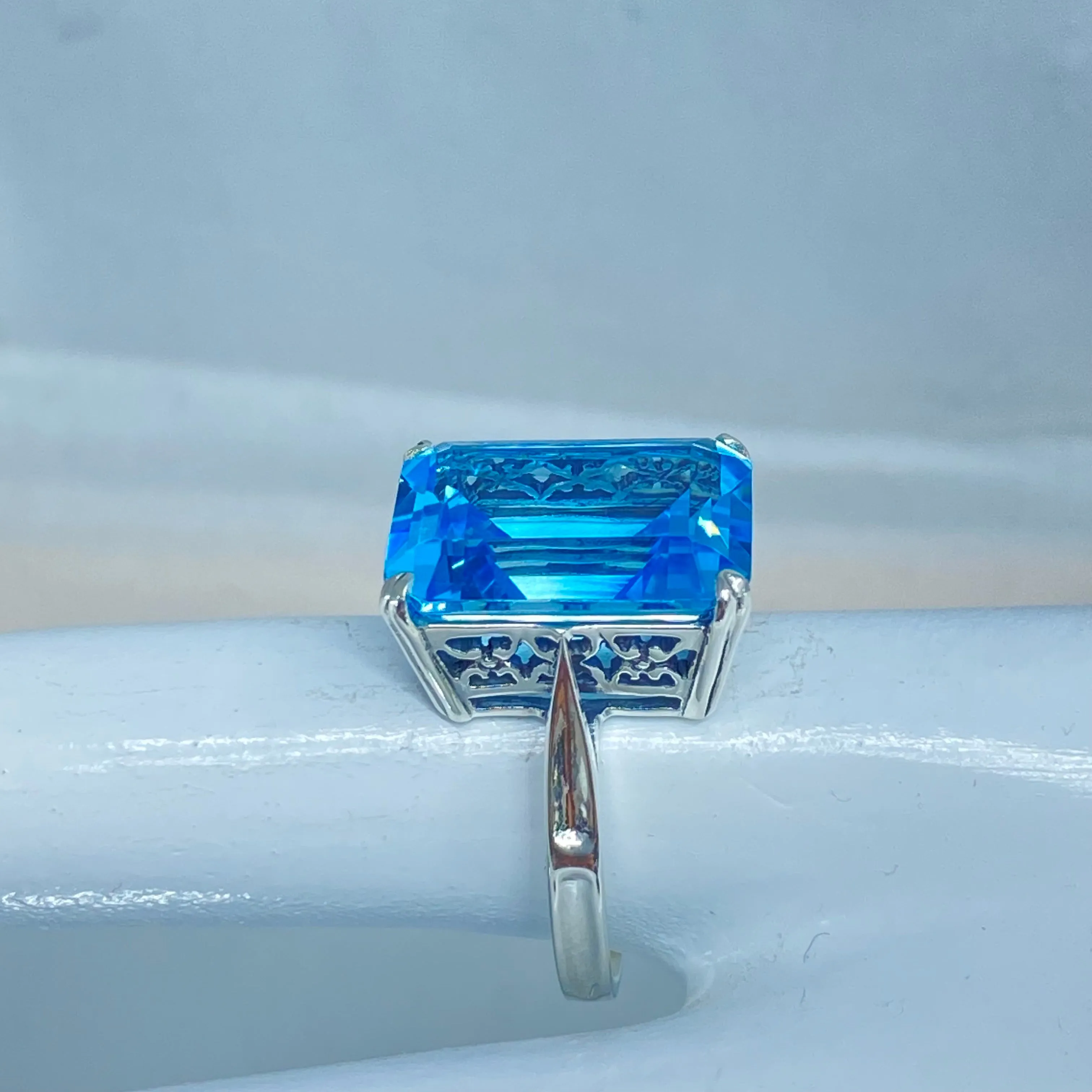 Natural Blue Topaz Ring, Size 7.5, Cushion Cut Rectangle Gem, D225 - Ready to Ship
