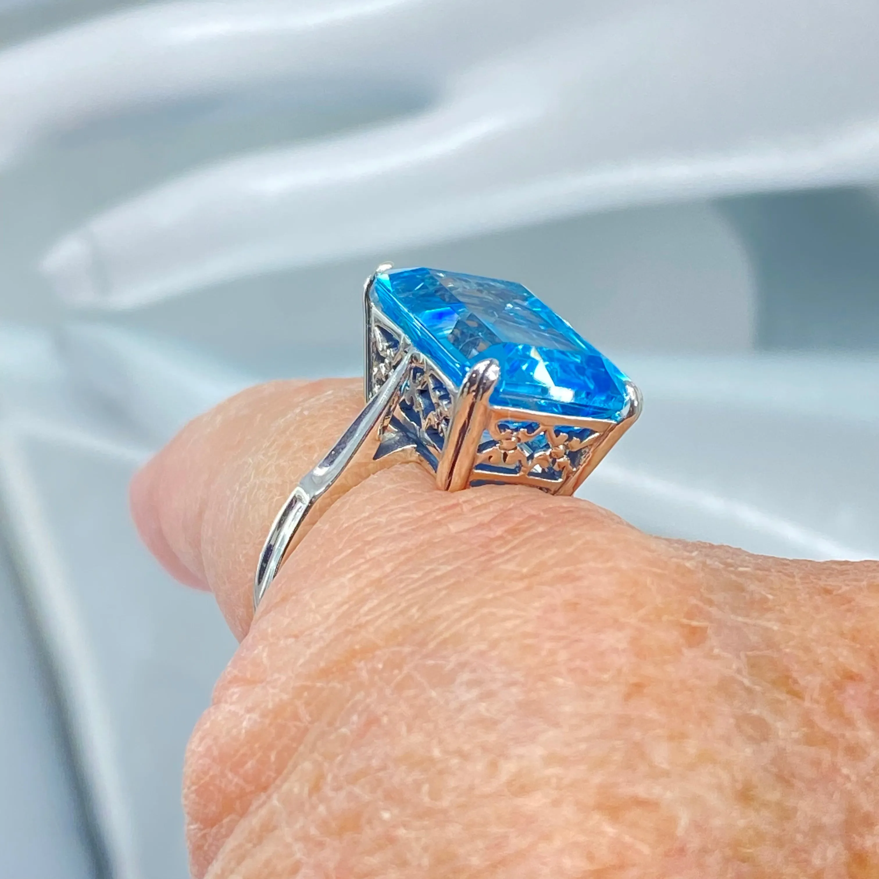 Natural Blue Topaz Ring, Size 7.5, Cushion Cut Rectangle Gem, D225 - Ready to Ship