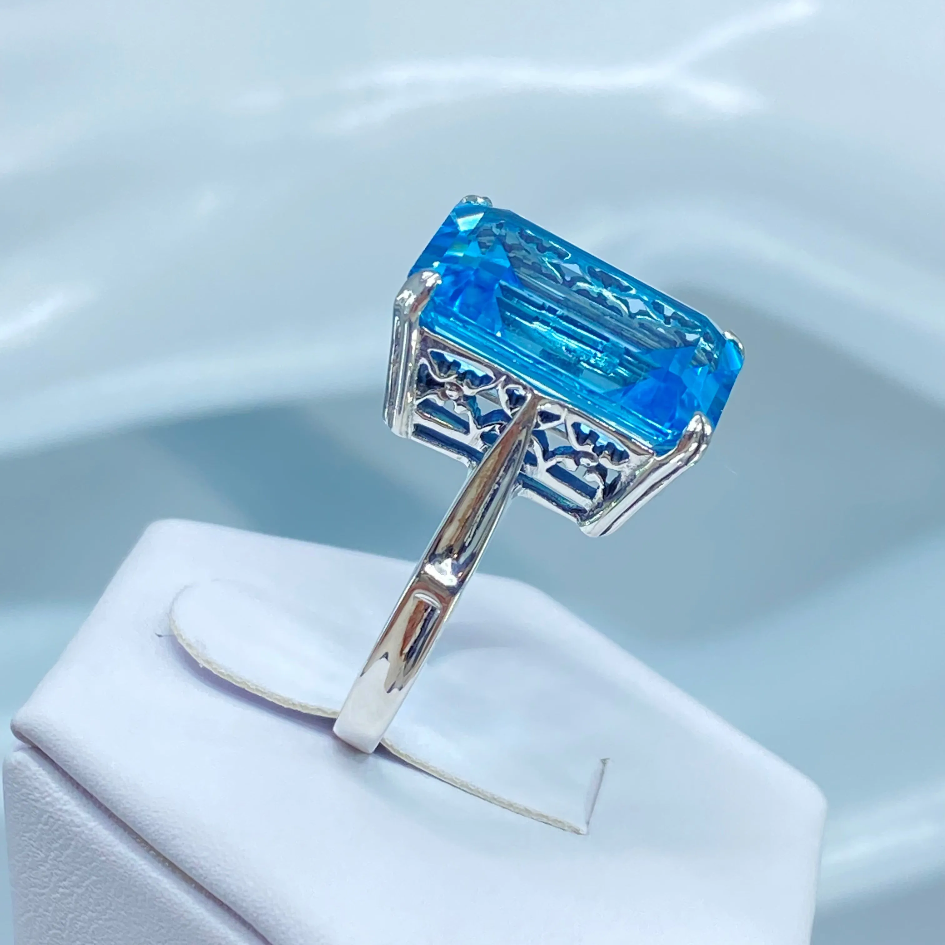 Natural Blue Topaz Ring, Size 7.5, Cushion Cut Rectangle Gem, D225 - Ready to Ship