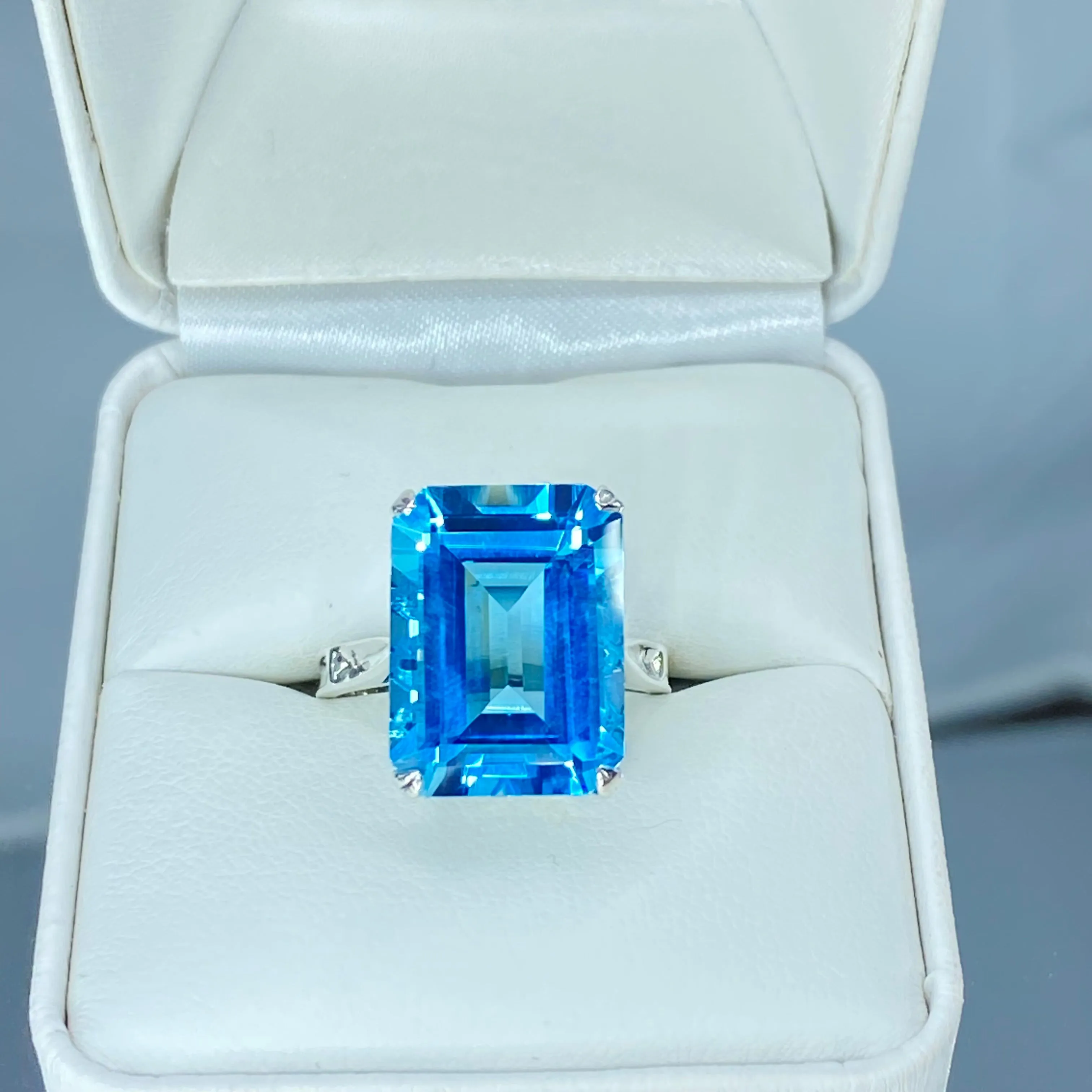 Natural Blue Topaz Ring, Size 7.5, Cushion Cut Rectangle Gem, D225 - Ready to Ship
