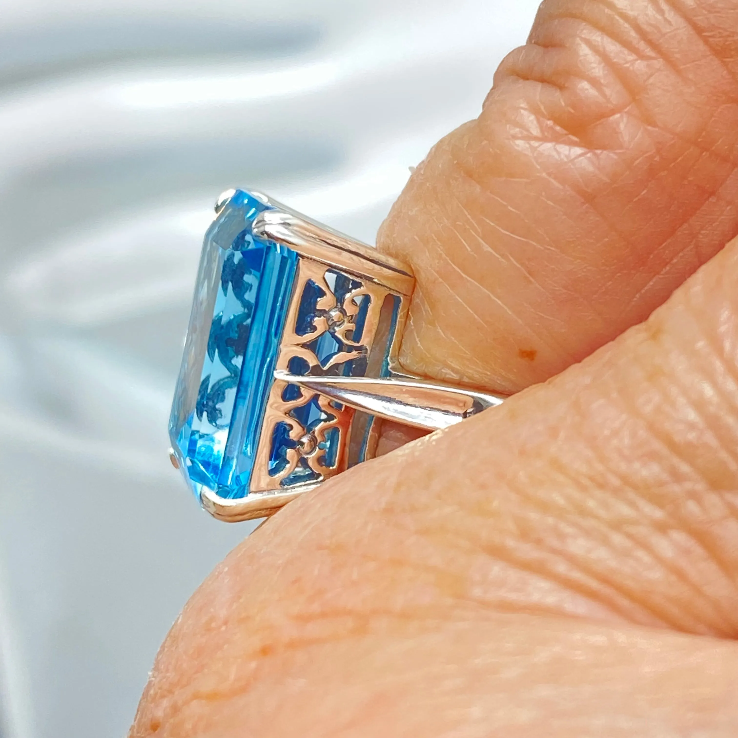 Natural Blue Topaz Ring, Size 7.5, Cushion Cut Rectangle Gem, D225 - Ready to Ship