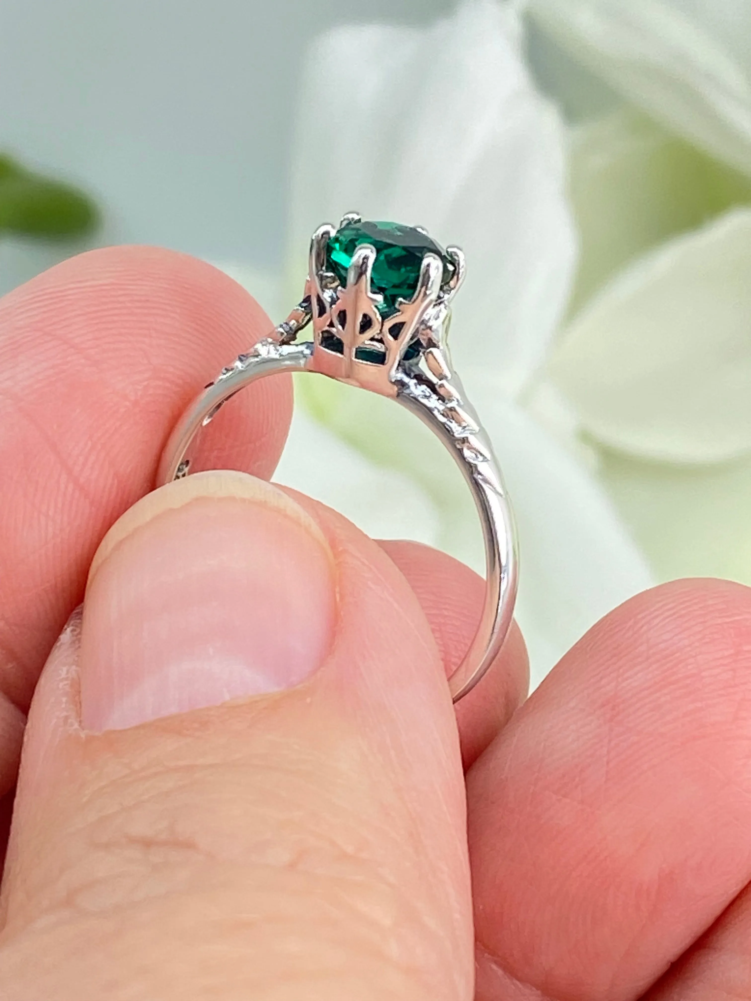 Natural Emerald Ring, Victorian Wedding Solitaire #D22