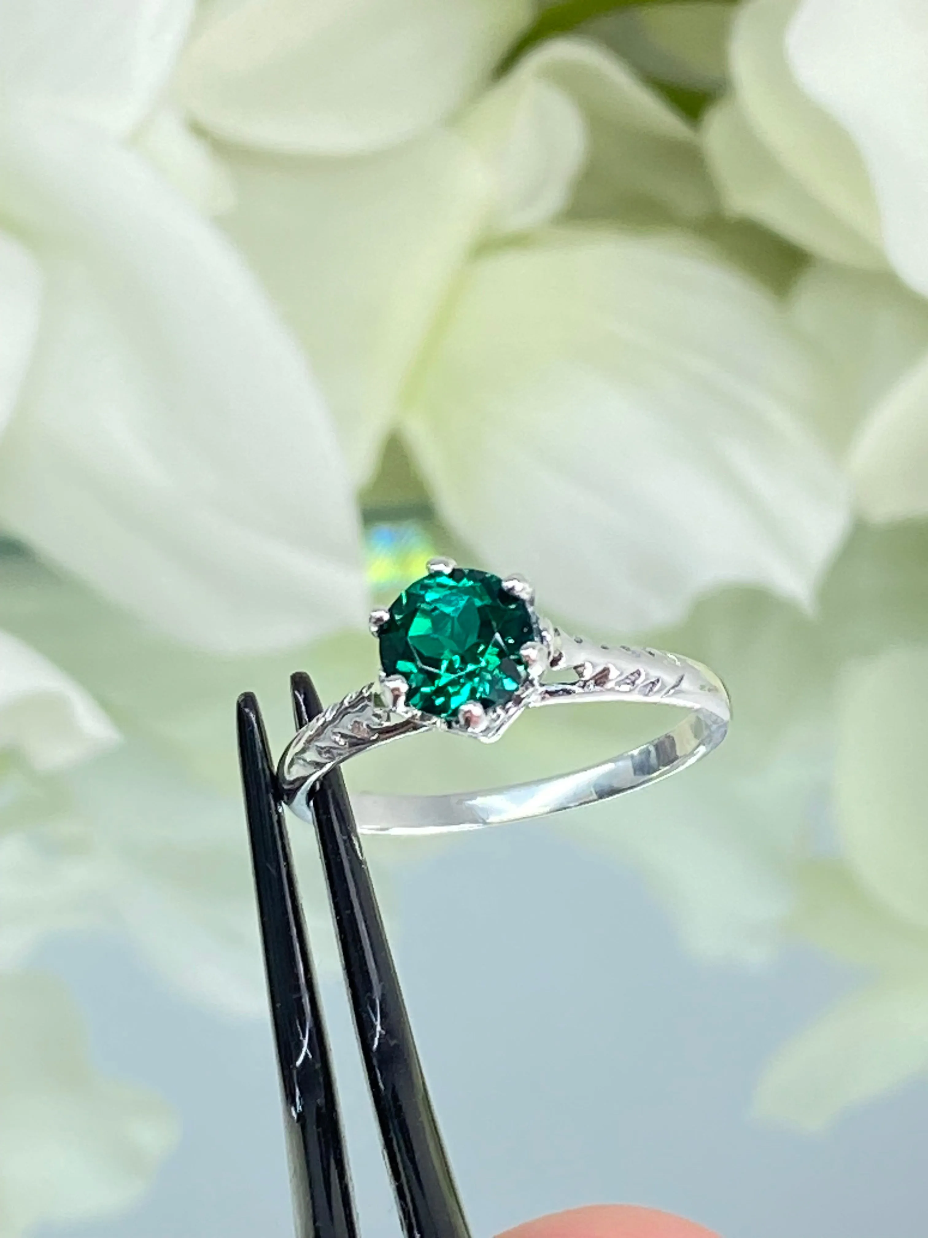 Natural Emerald Ring, Victorian Wedding Solitaire #D22