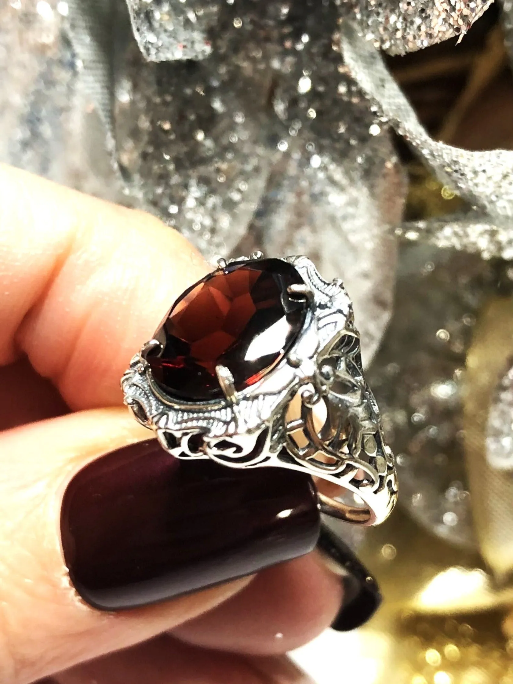 Natural Garnet Ring, Beauty Ring, Red Natural Gemstone, Oval Art Nouveau Filigree Ring, D229