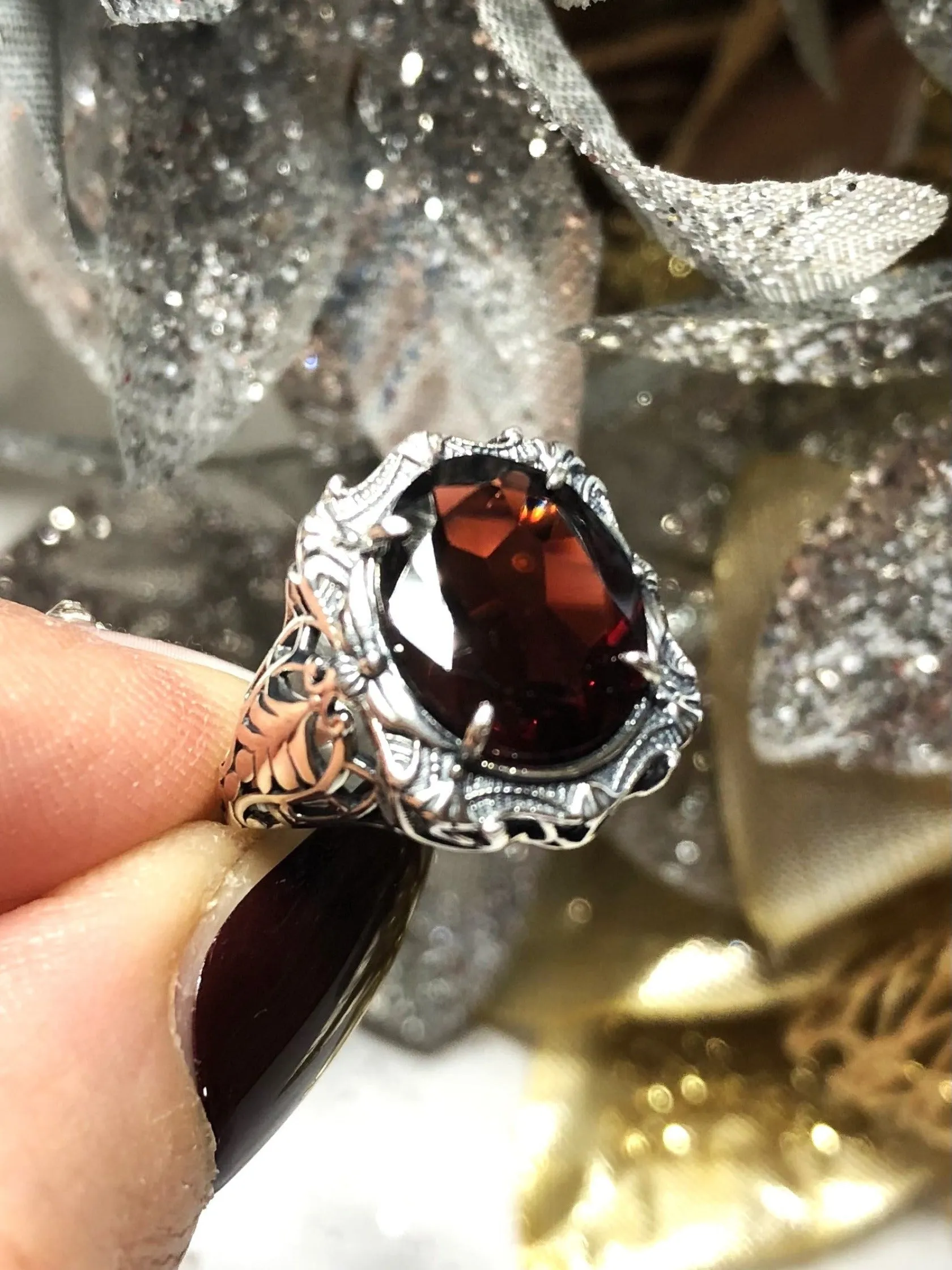 Natural Garnet Ring, Beauty Ring, Red Natural Gemstone, Oval Art Nouveau Filigree Ring, D229