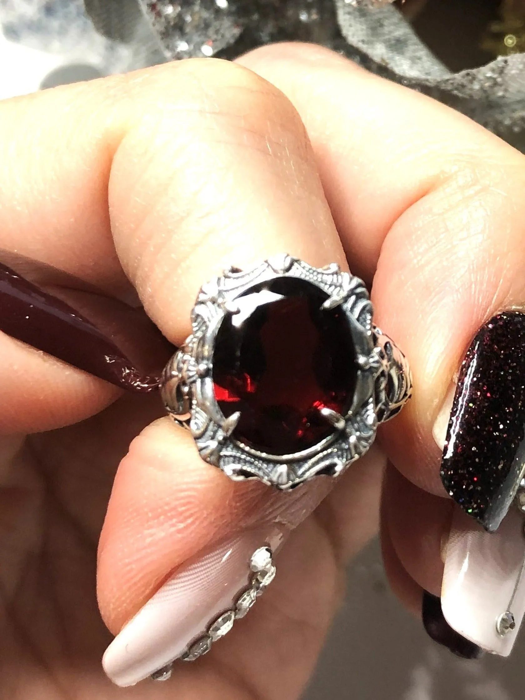 Natural Garnet Ring, Beauty Ring, Red Natural Gemstone, Oval Art Nouveau Filigree Ring, D229