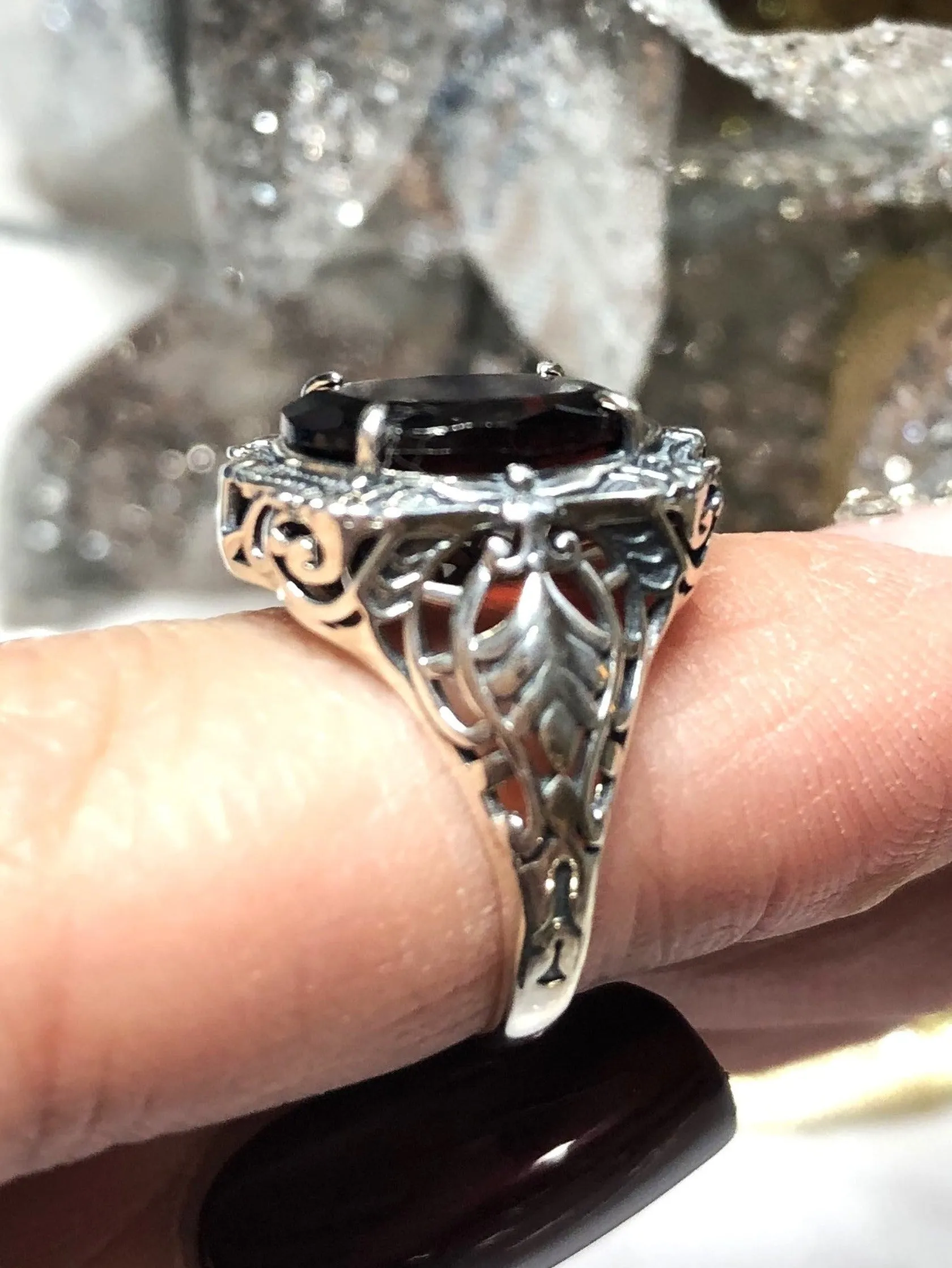 Natural Garnet Ring, Beauty Ring, Red Natural Gemstone, Oval Art Nouveau Filigree Ring, D229