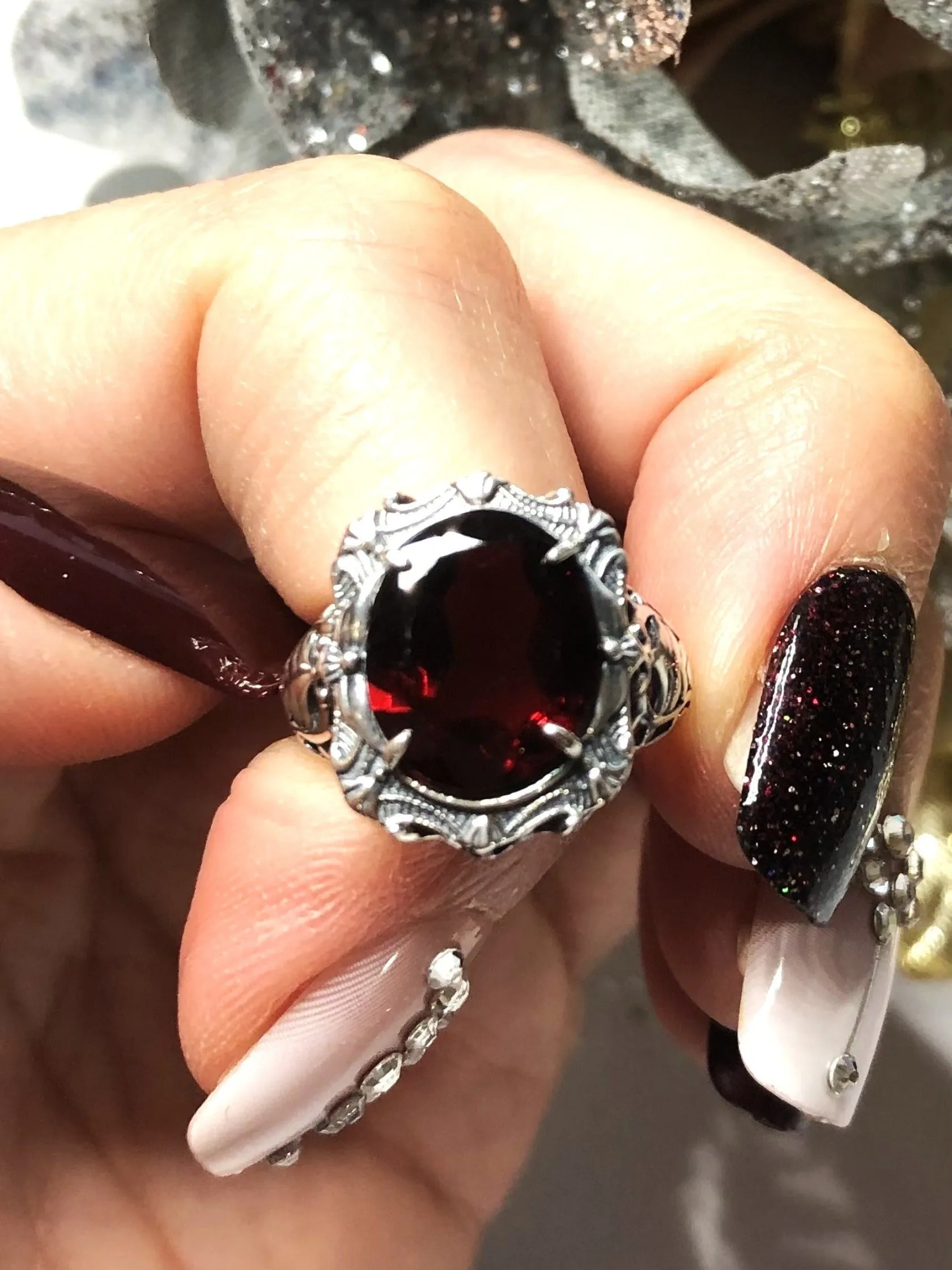 Natural Garnet Ring, Beauty Ring, Red Natural Gemstone, Oval Art Nouveau Filigree Ring, D229