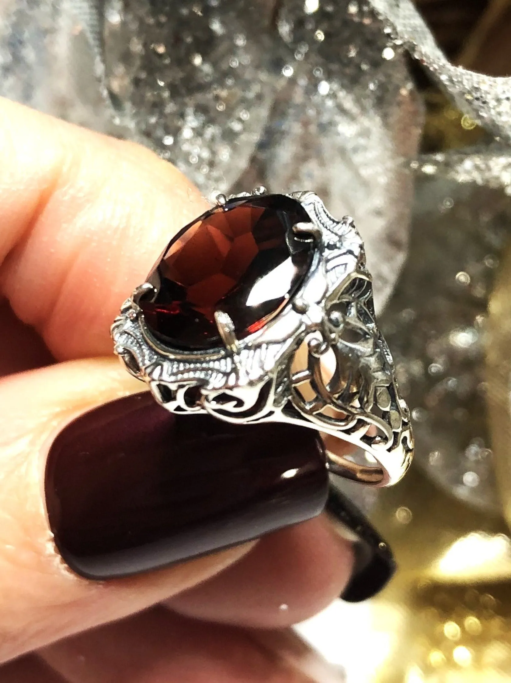 Natural Garnet Ring, Beauty Ring, Red Natural Gemstone, Oval Art Nouveau Filigree Ring, D229