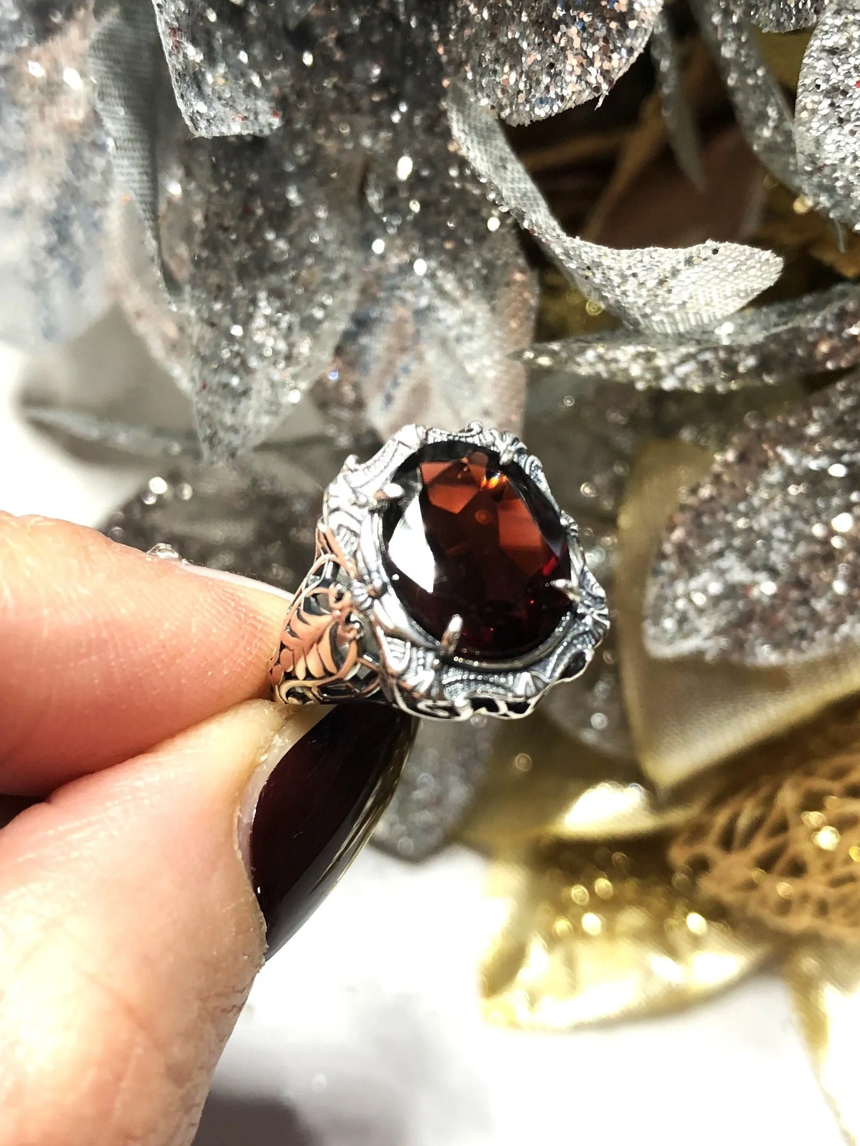 Natural Garnet Ring, Beauty Ring, Red Natural Gemstone, Oval Art Nouveau Filigree Ring, D229