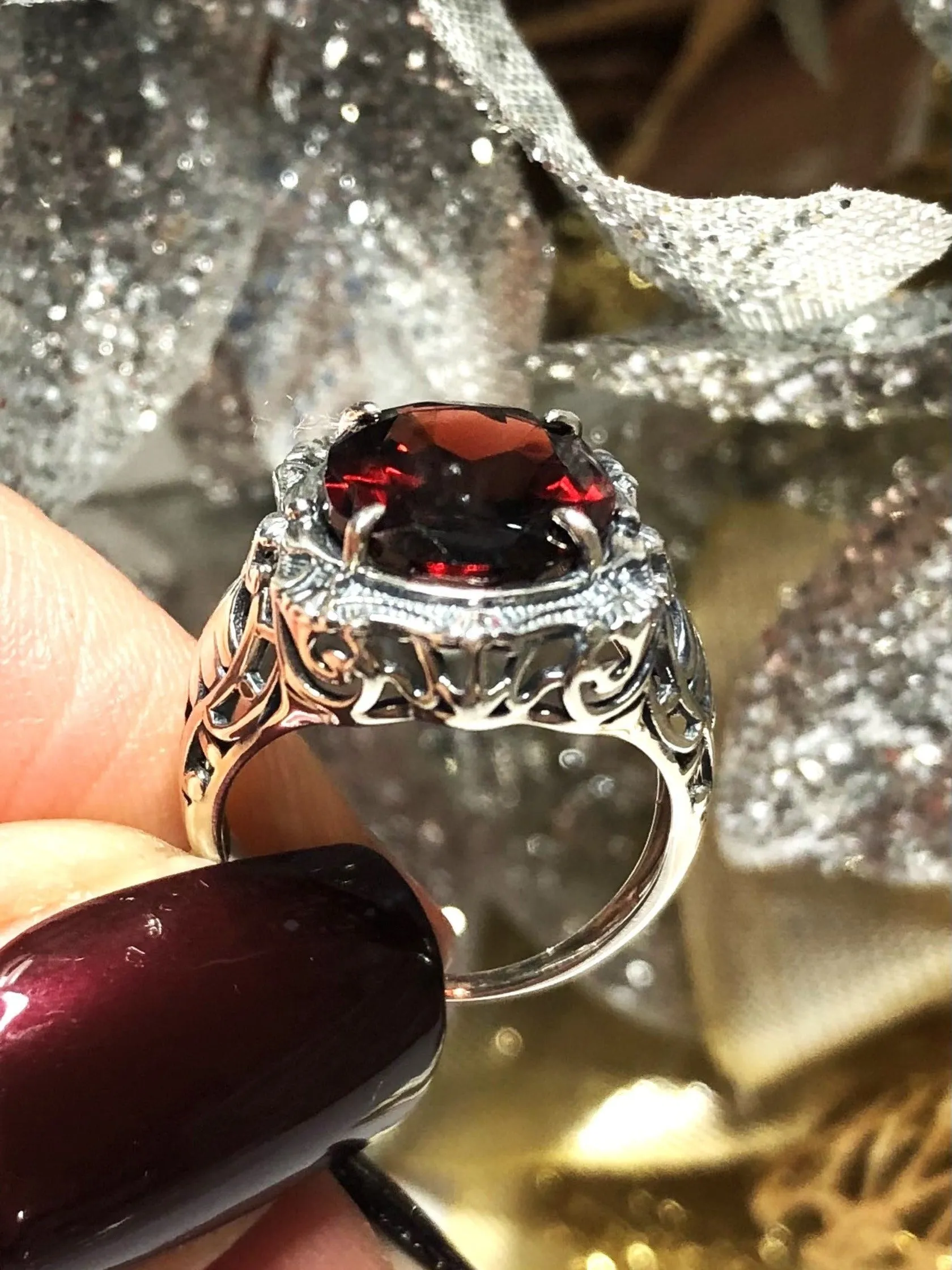 Natural Garnet Ring, Beauty Ring, Red Natural Gemstone, Oval Art Nouveau Filigree Ring, D229