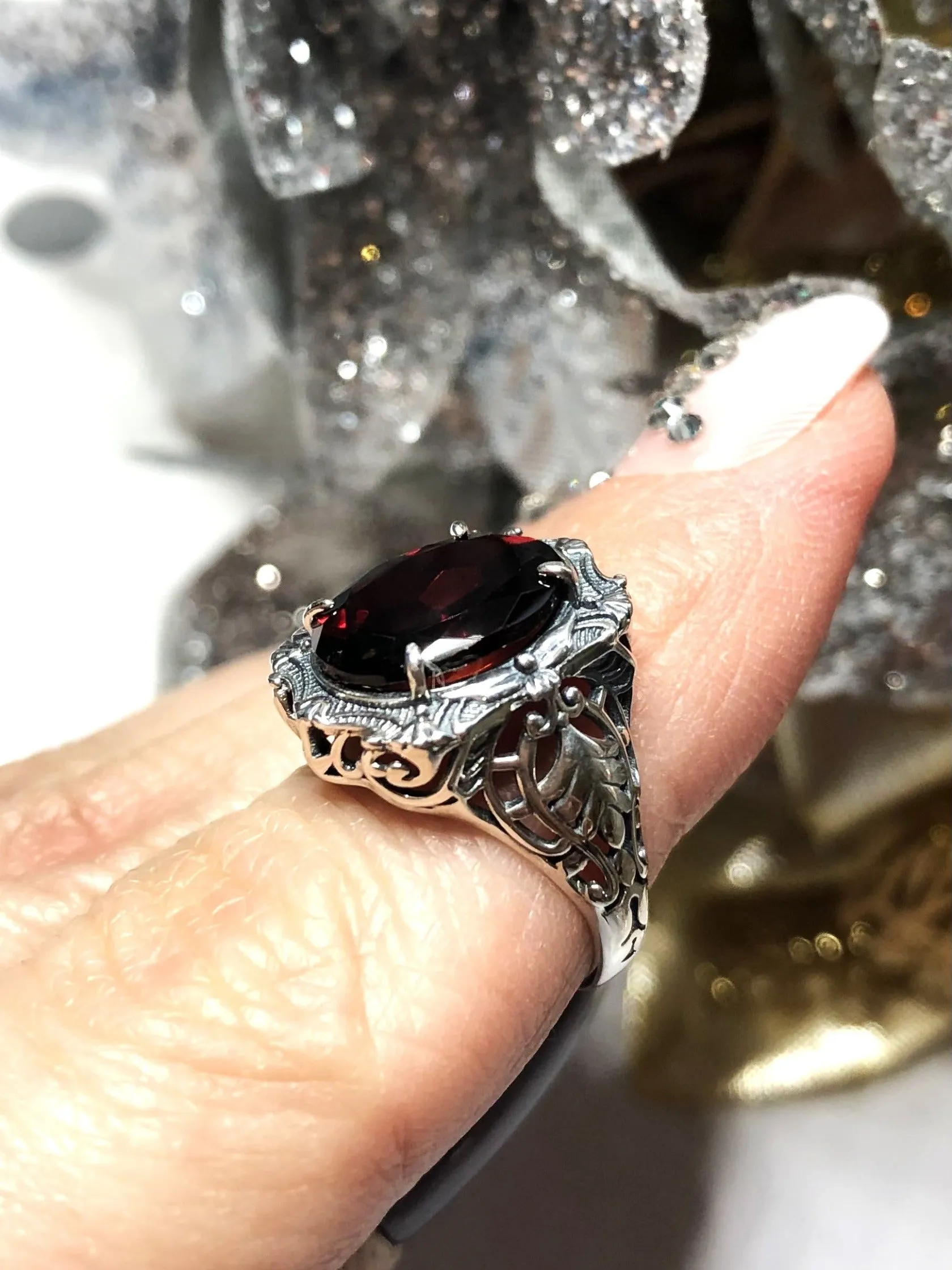 Natural Garnet Ring, Beauty Ring, Red Natural Gemstone, Oval Art Nouveau Filigree Ring, D229