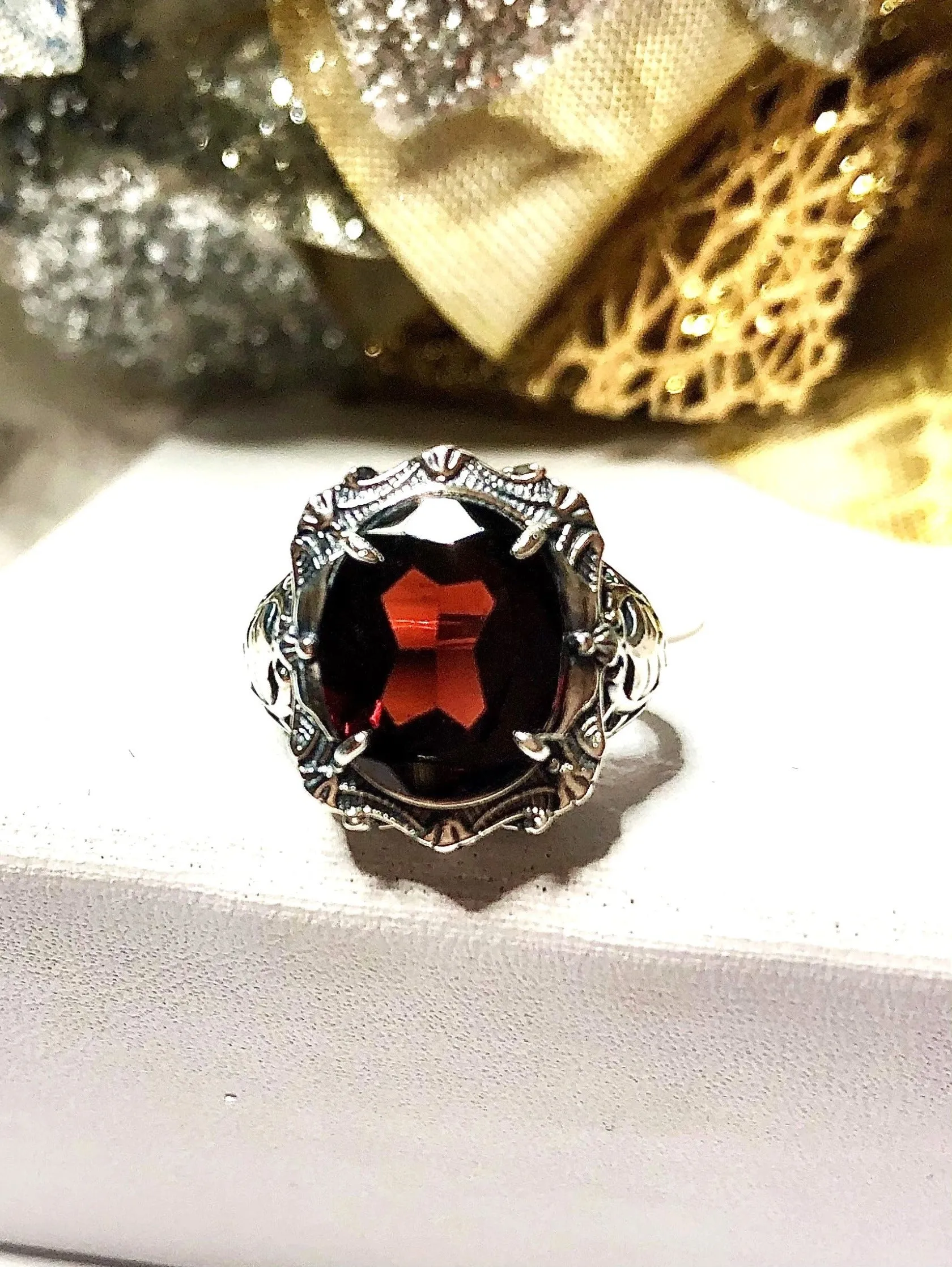 Natural Garnet Ring, Beauty Ring, Red Natural Gemstone, Oval Art Nouveau Filigree Ring, D229