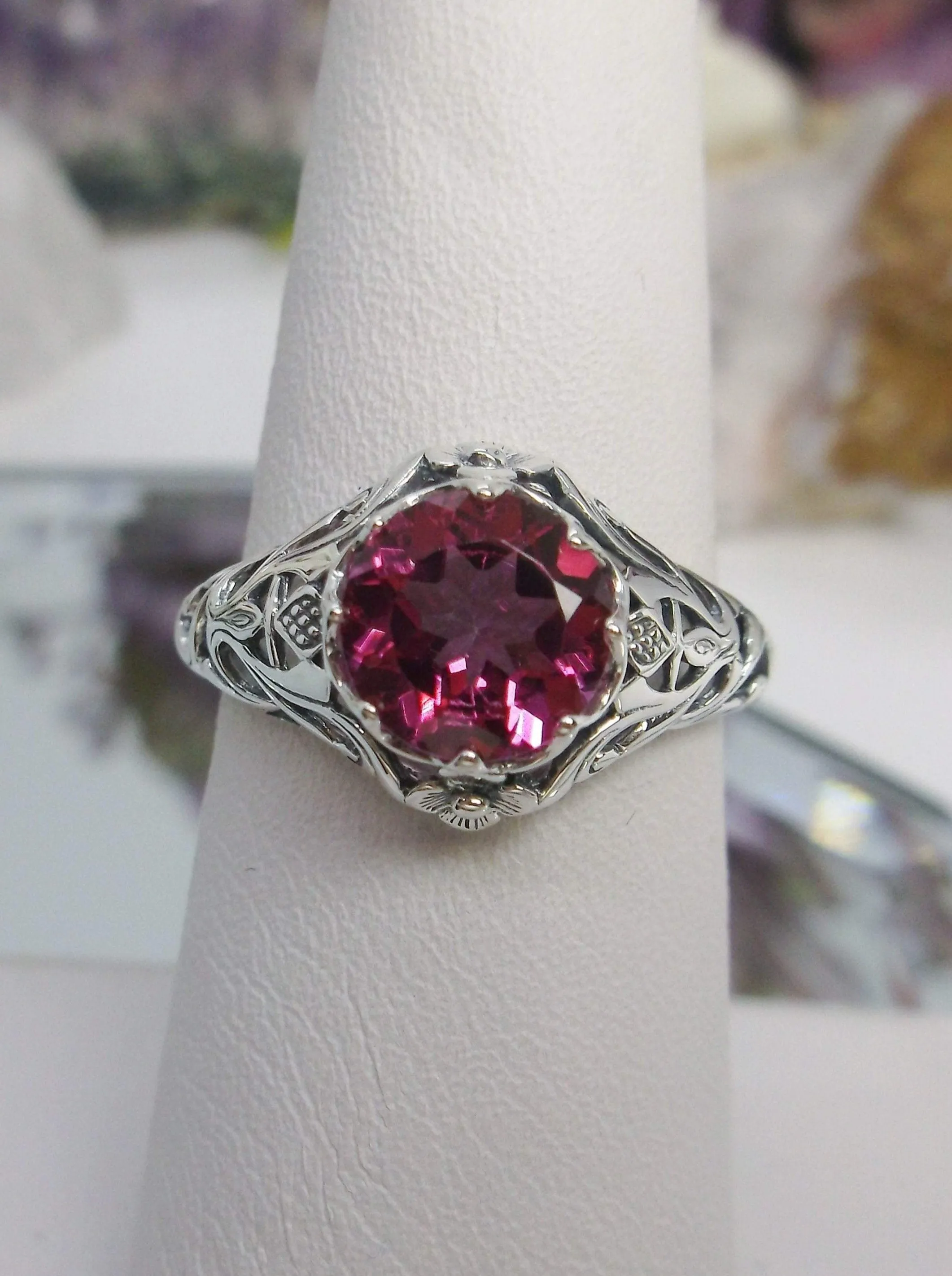 Natural Pink Topaz Ring, Daisy Filigree Victorian Jewelry #D66
