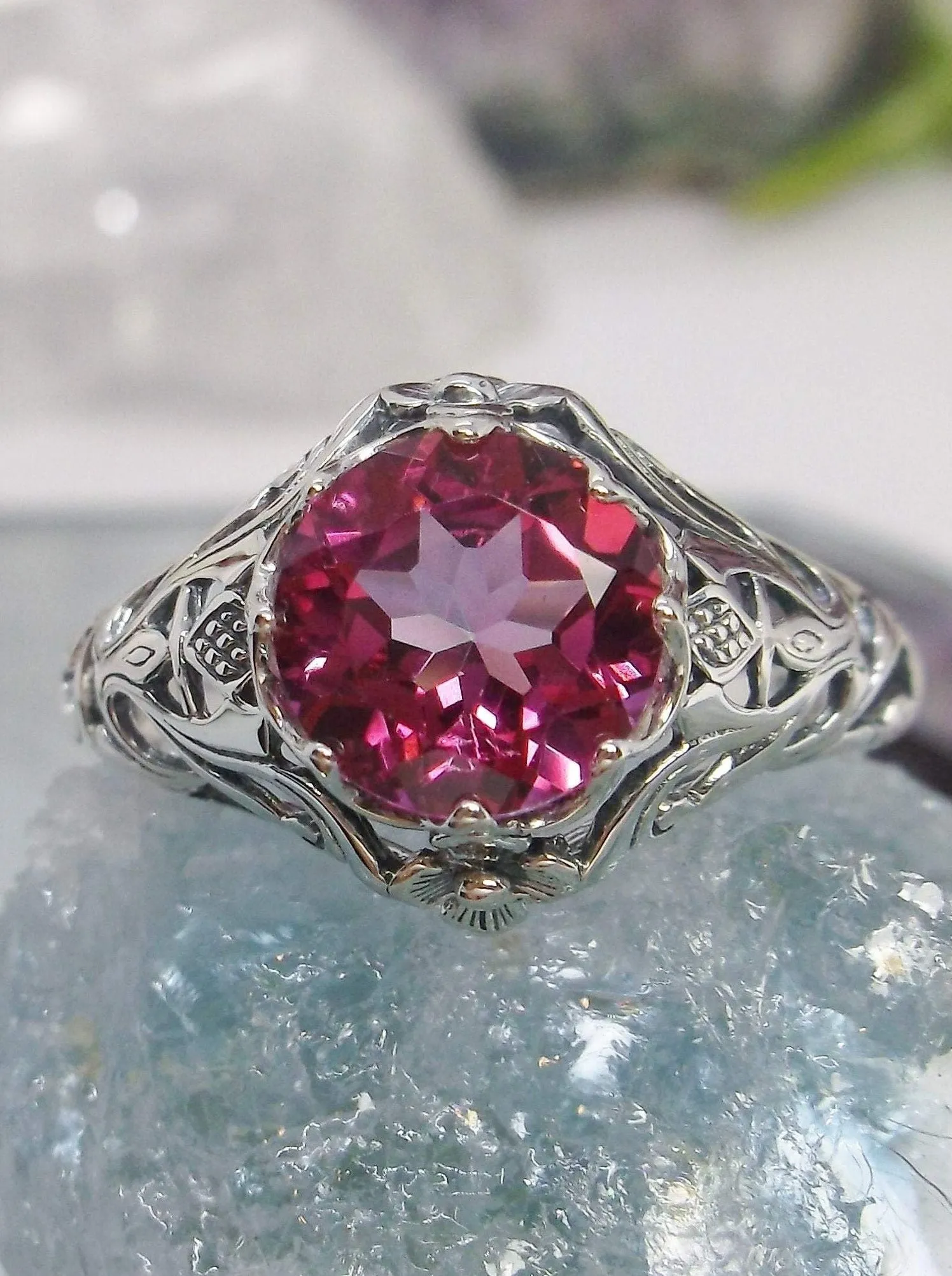 Natural Pink Topaz Ring, Daisy Filigree Victorian Jewelry #D66