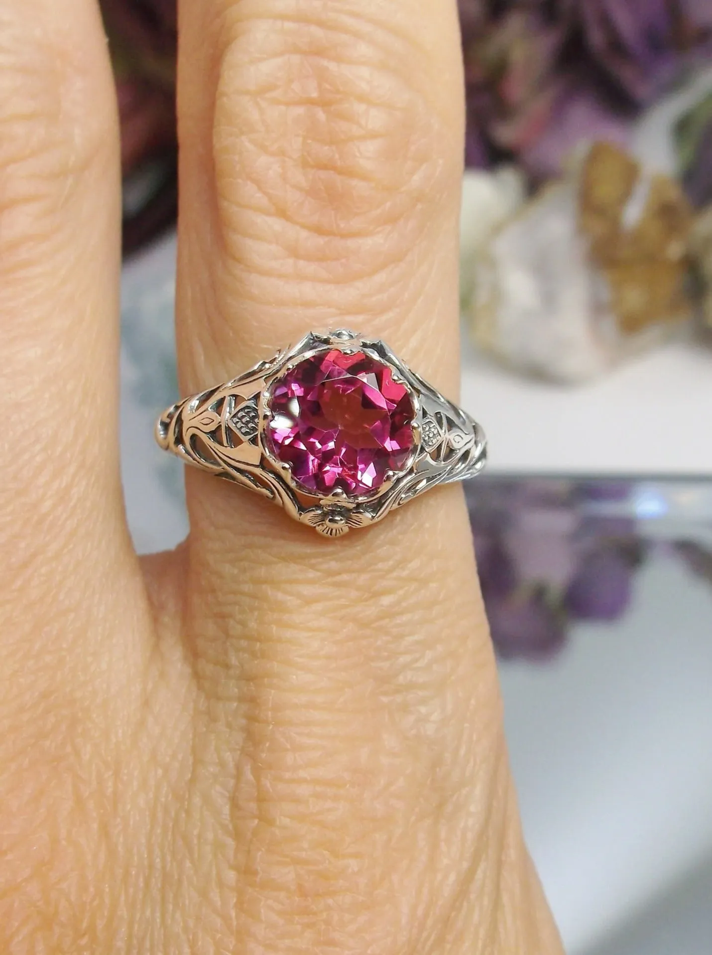 Natural Pink Topaz Ring, Daisy Filigree Victorian Jewelry #D66