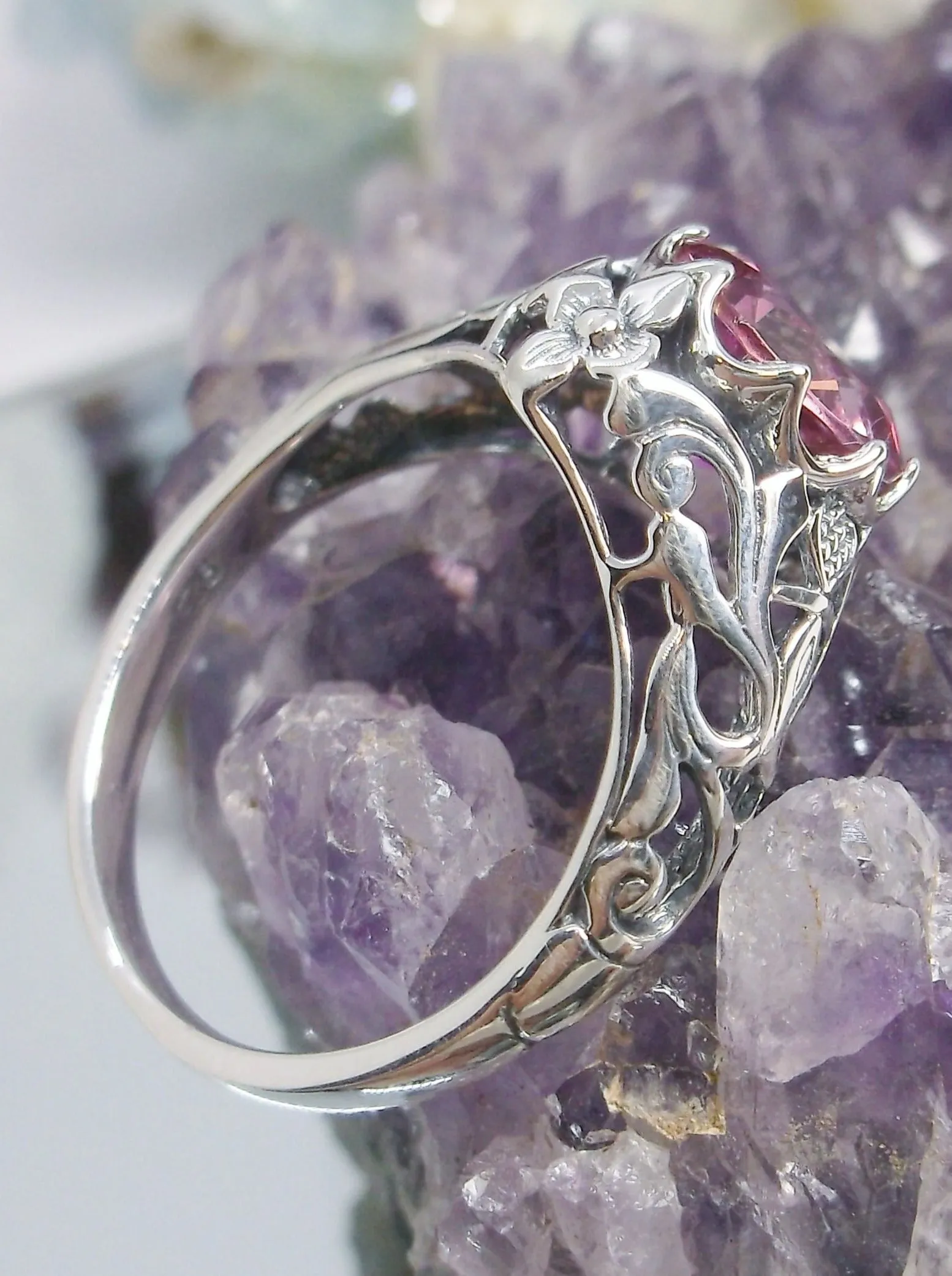Natural Pink Topaz Ring, Daisy Filigree Victorian Jewelry #D66