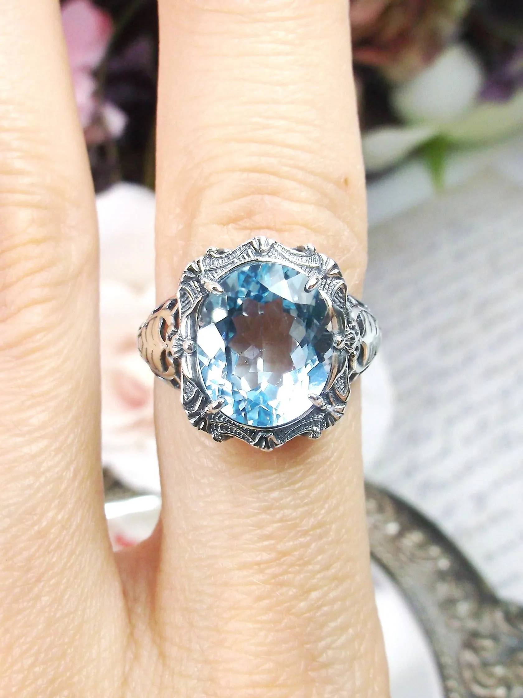 Natural Topaz Ring, Beauty Ring, Blue Natural Gemstone, Oval Art Nouveau Filigree Ring, D229