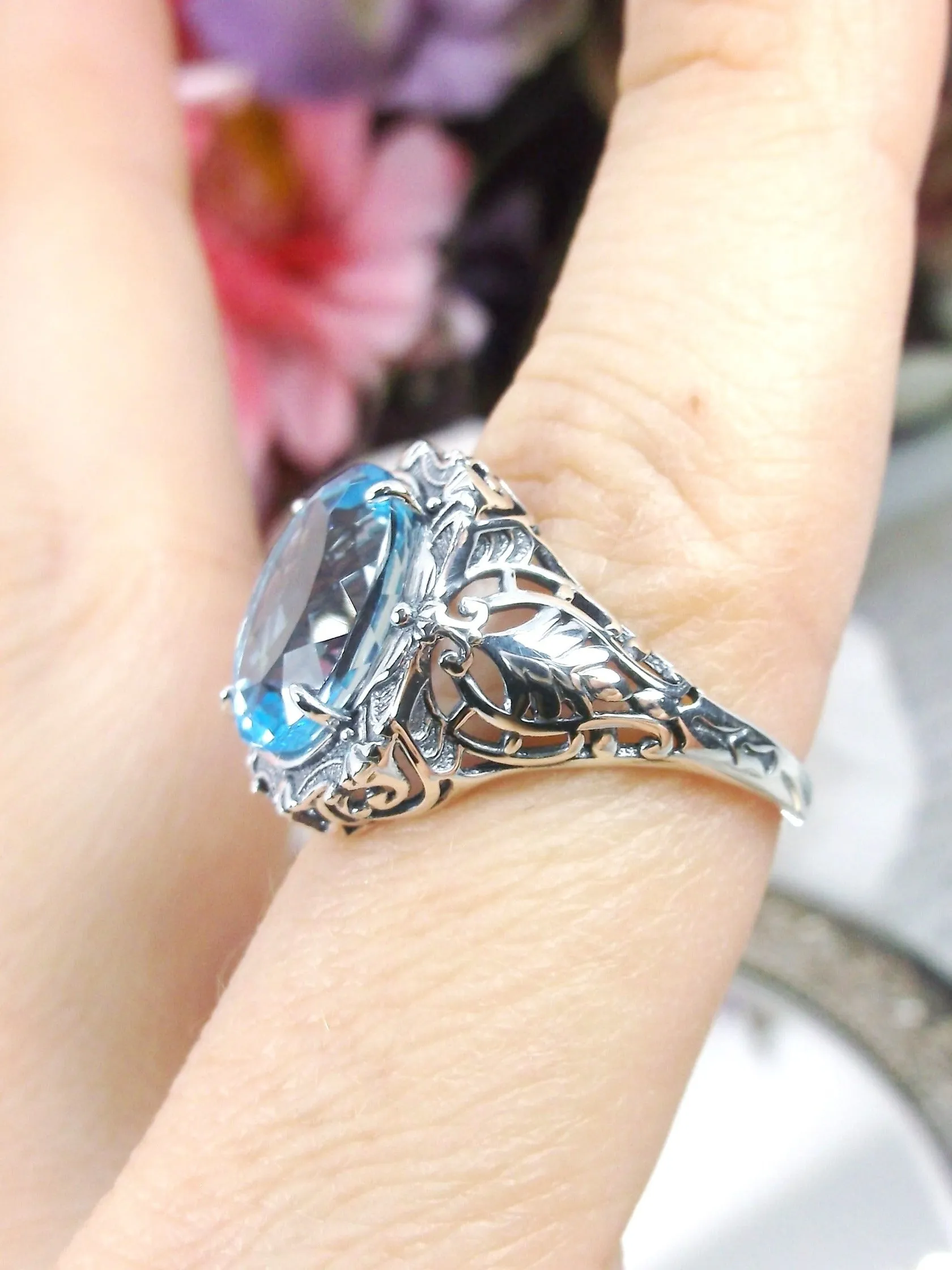 Natural Topaz Ring, Beauty Ring, Blue Natural Gemstone, Oval Art Nouveau Filigree Ring, D229