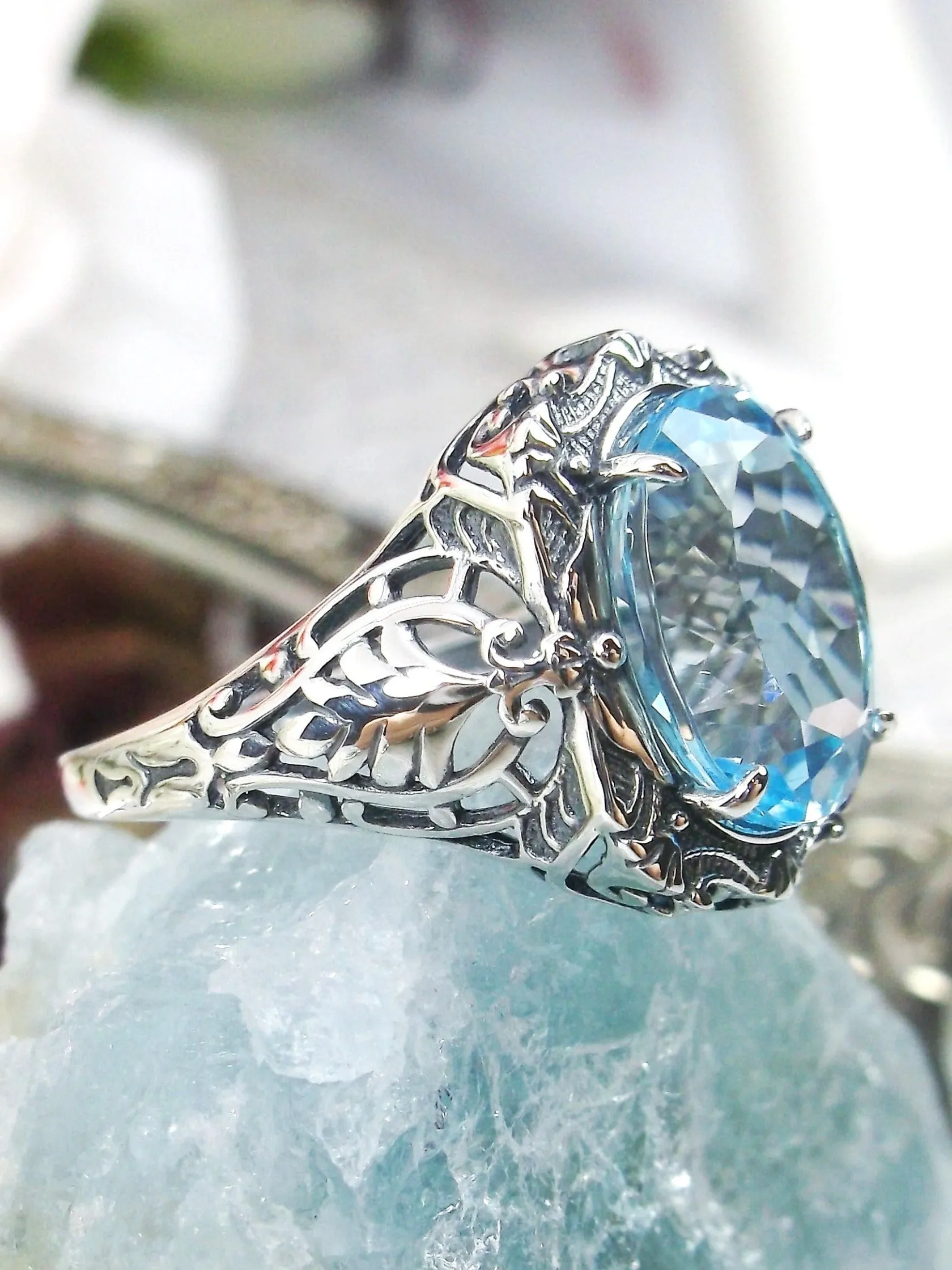 Natural Topaz Ring, Beauty Ring, Blue Natural Gemstone, Oval Art Nouveau Filigree Ring, D229