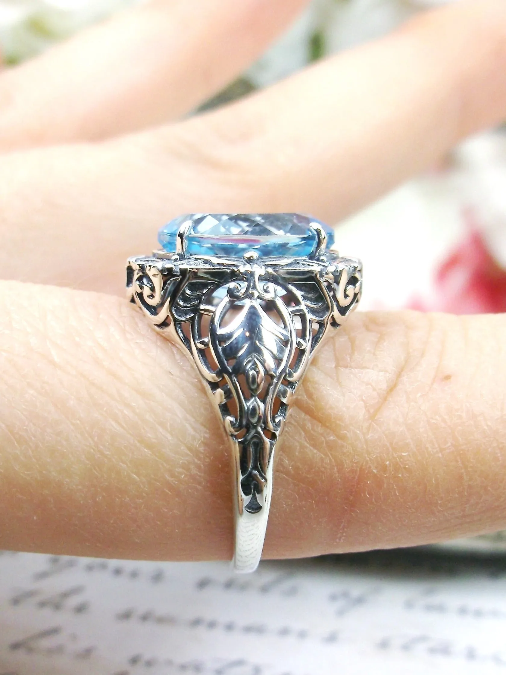 Natural Topaz Ring, Beauty Ring, Blue Natural Gemstone, Oval Art Nouveau Filigree Ring, D229