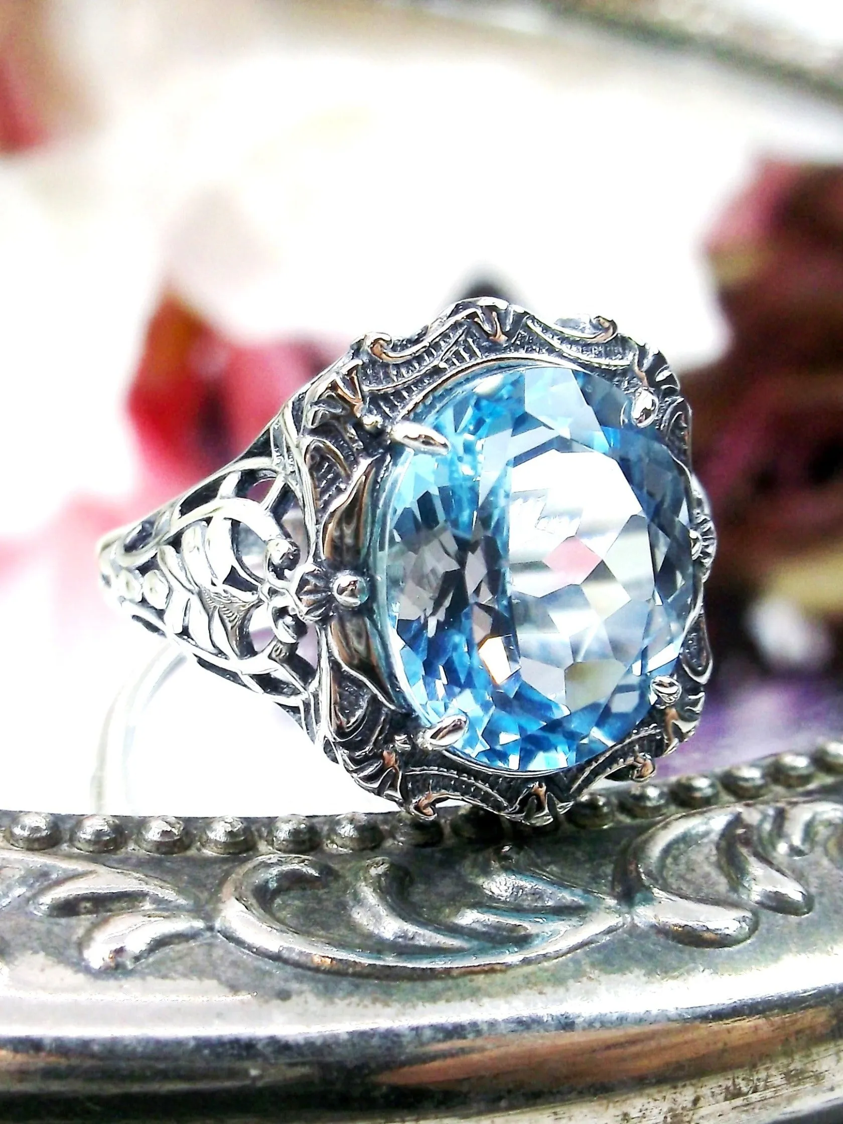 Natural Topaz Ring, Beauty Ring, Blue Natural Gemstone, Oval Art Nouveau Filigree Ring, D229