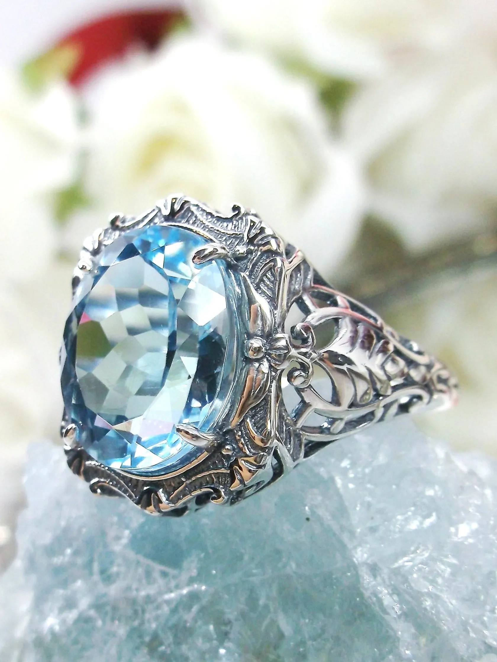 Natural Topaz Ring, Beauty Ring, Blue Natural Gemstone, Oval Art Nouveau Filigree Ring, D229