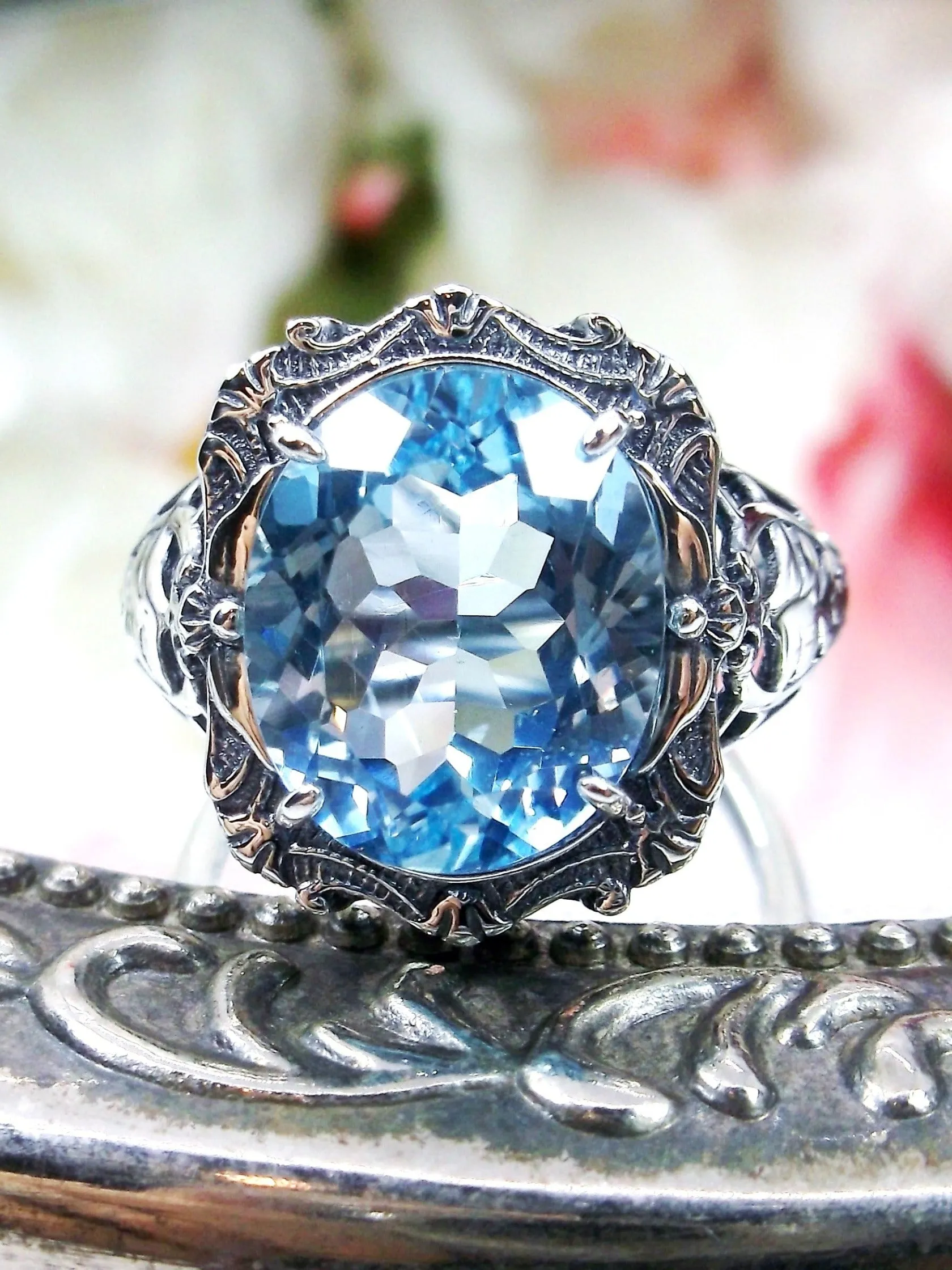 Natural Topaz Ring, Beauty Ring, Blue Natural Gemstone, Oval Art Nouveau Filigree Ring, D229