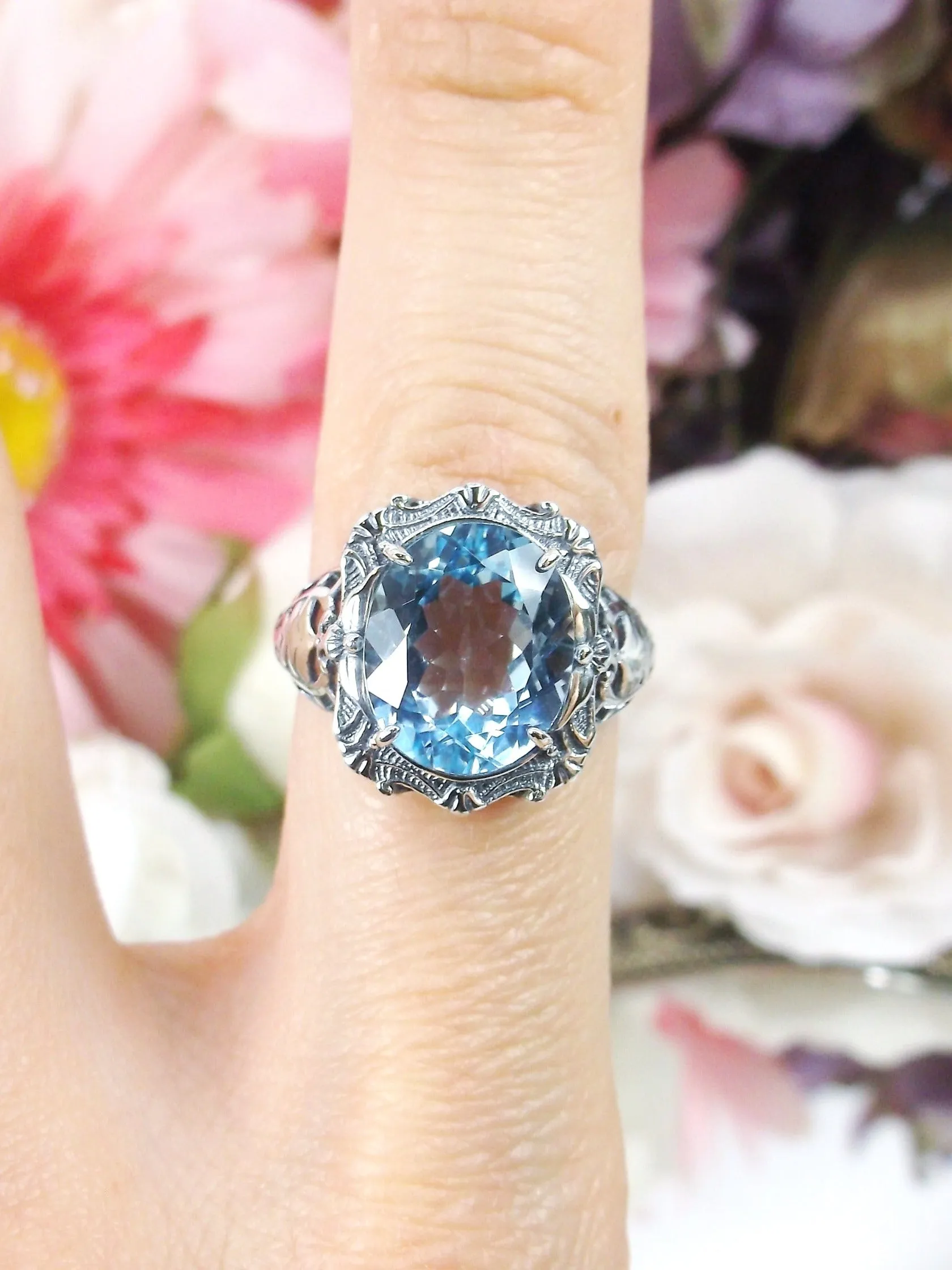 Natural Topaz Ring, Beauty Ring, Blue Natural Gemstone, Oval Art Nouveau Filigree Ring, D229