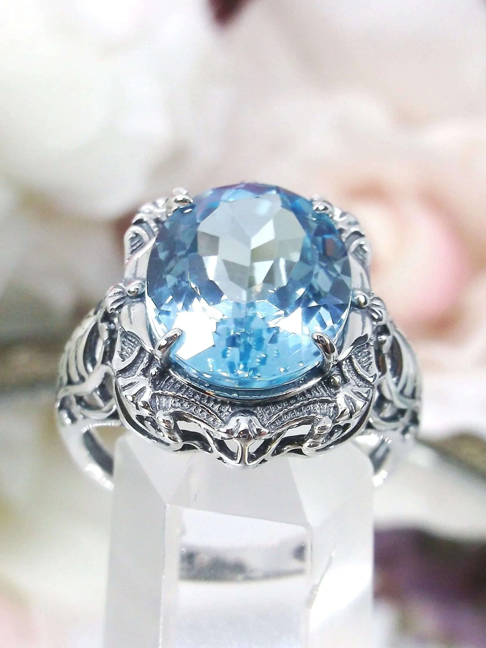 Natural Topaz Ring, Beauty Ring, Blue Natural Gemstone, Oval Art Nouveau Filigree Ring, D229