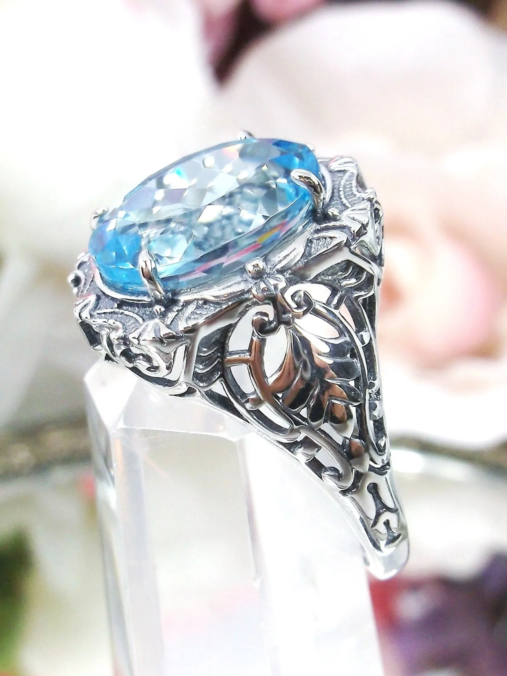 Natural Topaz Ring, Beauty Ring, Blue Natural Gemstone, Oval Art Nouveau Filigree Ring, D229