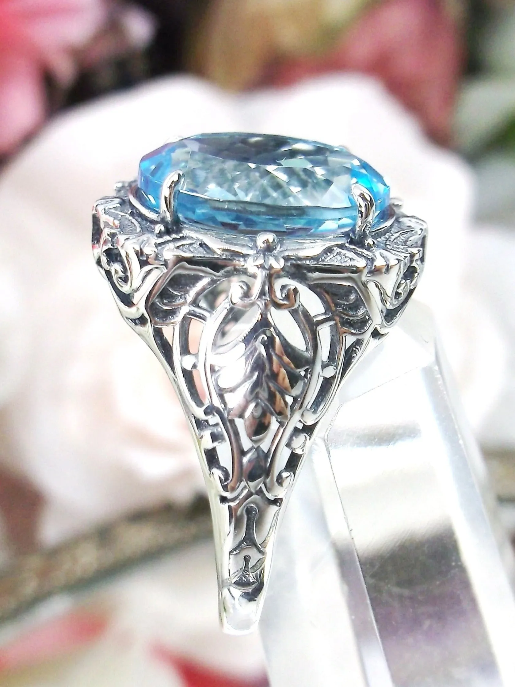 Natural Topaz Ring, Beauty Ring, Blue Natural Gemstone, Oval Art Nouveau Filigree Ring, D229