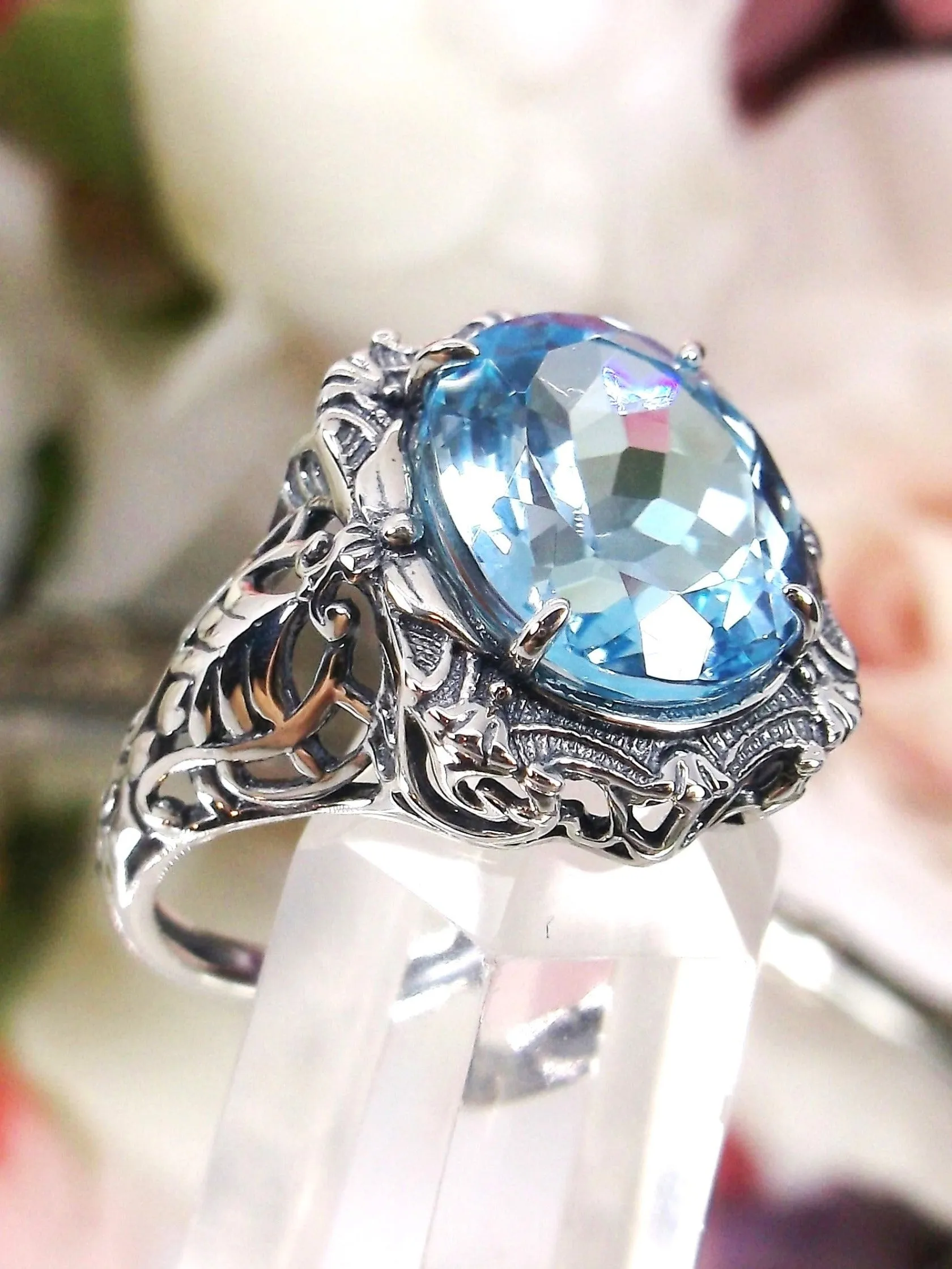 Natural Topaz Ring, Beauty Ring, Blue Natural Gemstone, Oval Art Nouveau Filigree Ring, D229