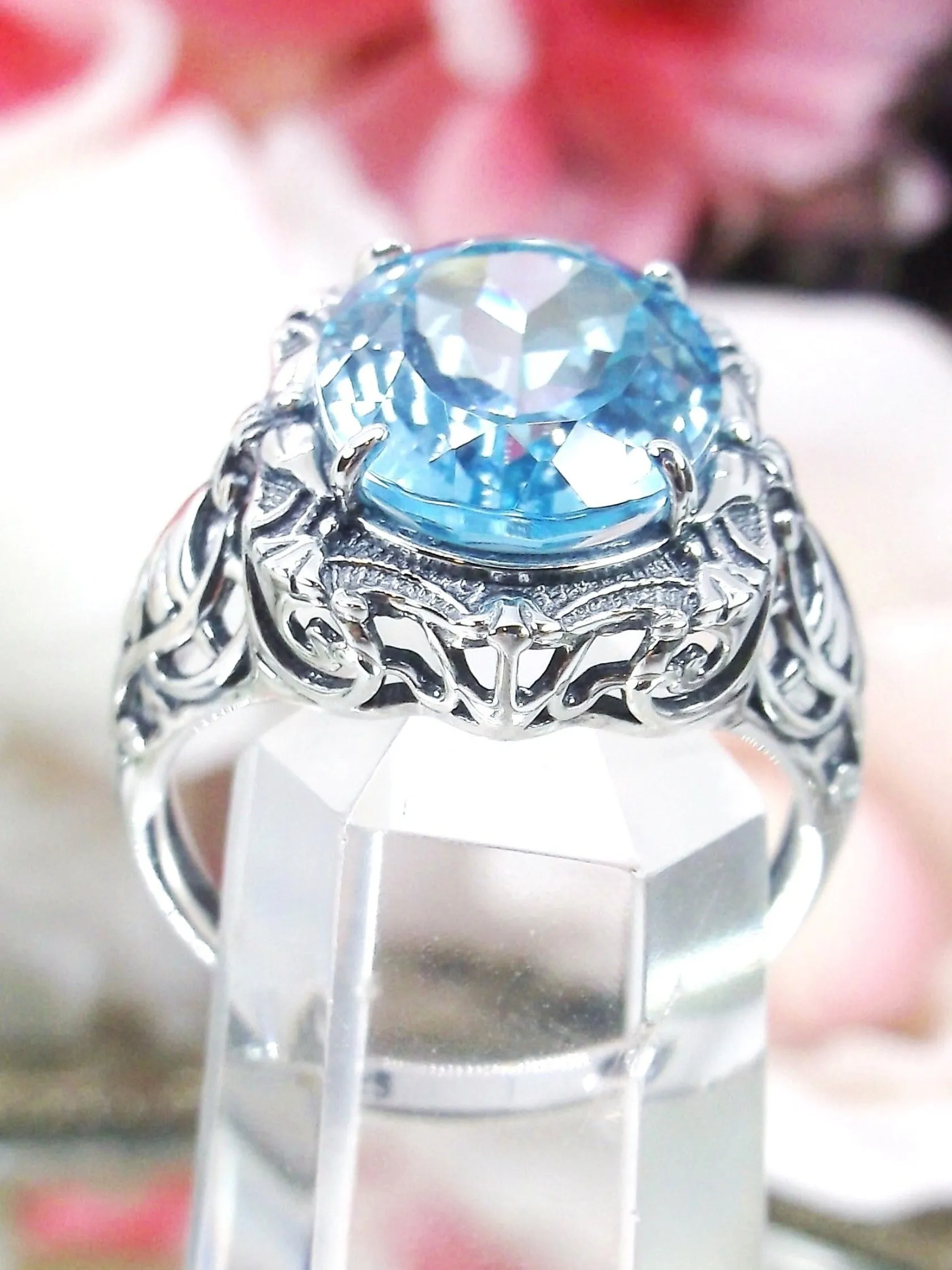 Natural Topaz Ring, Beauty Ring, Blue Natural Gemstone, Oval Art Nouveau Filigree Ring, D229