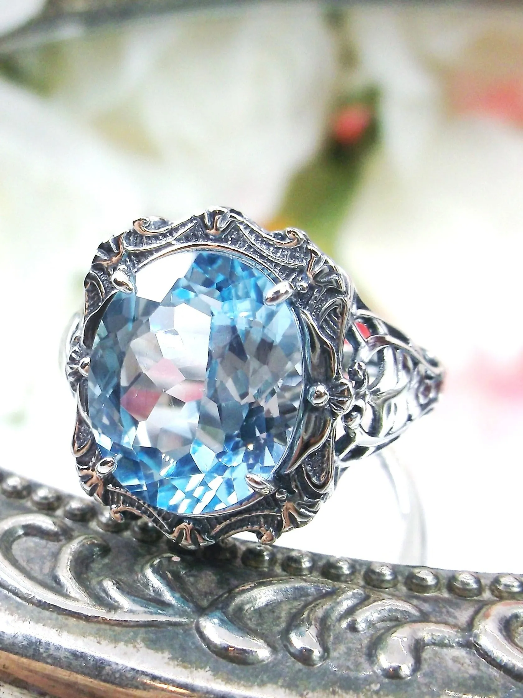 Natural Topaz Ring, Beauty Ring, Blue Natural Gemstone, Oval Art Nouveau Filigree Ring, D229