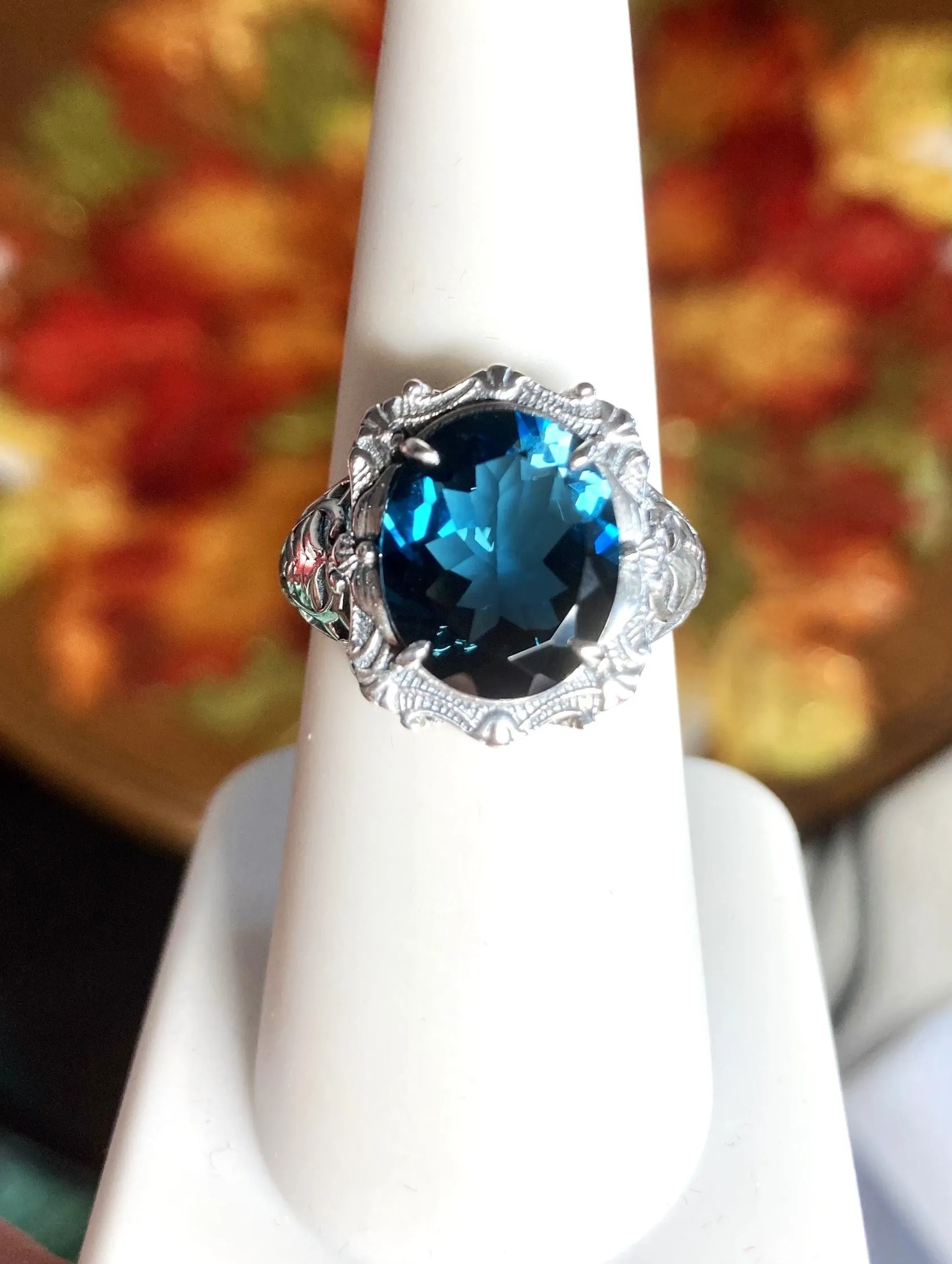 Natural Topaz Ring, Beauty Ring, London Blue Natural Gemstone, Oval Art Nouveau Filigree Ring, D229