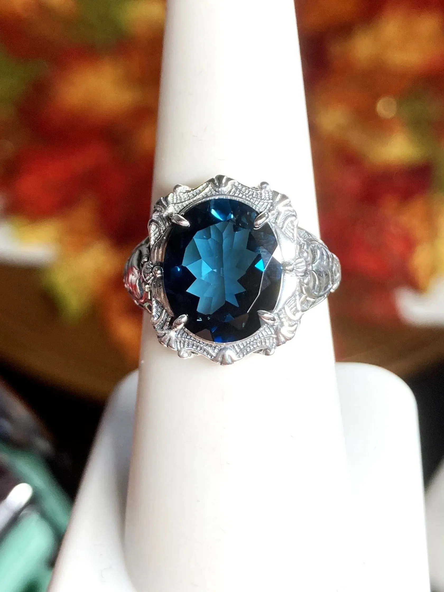 Natural Topaz Ring, Beauty Ring, London Blue Natural Gemstone, Oval Art Nouveau Filigree Ring, D229