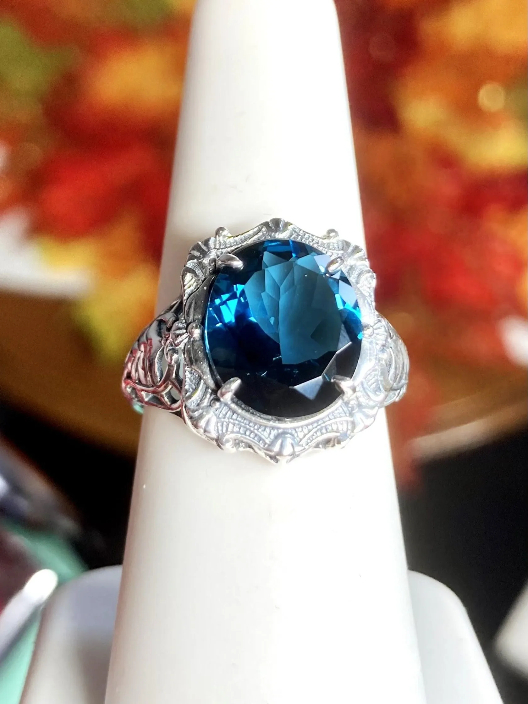 Natural Topaz Ring, Beauty Ring, London Blue Natural Gemstone, Oval Art Nouveau Filigree Ring, D229