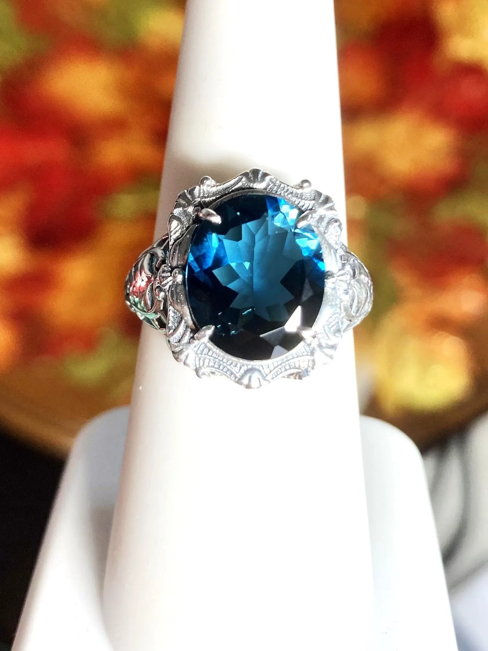 Natural Topaz Ring, Beauty Ring, London Blue Natural Gemstone, Oval Art Nouveau Filigree Ring, D229