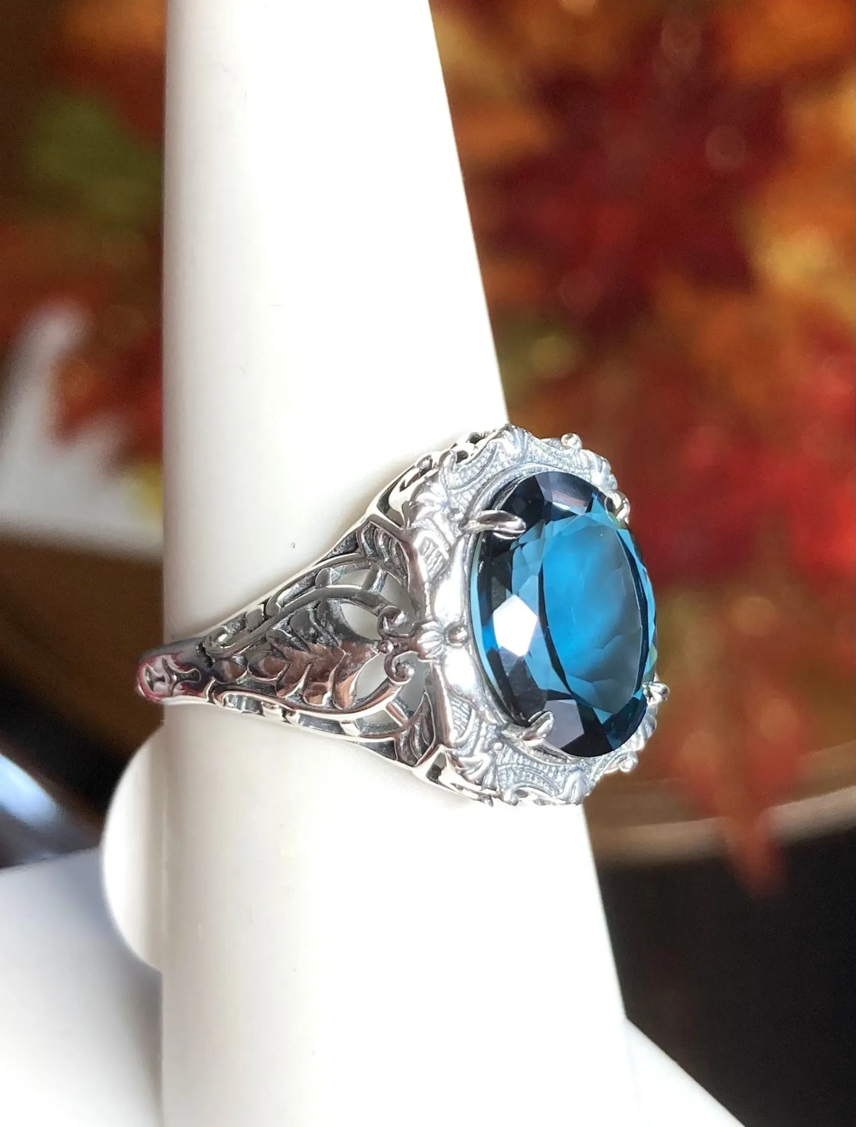 Natural Topaz Ring, Beauty Ring, London Blue Natural Gemstone, Oval Art Nouveau Filigree Ring, D229