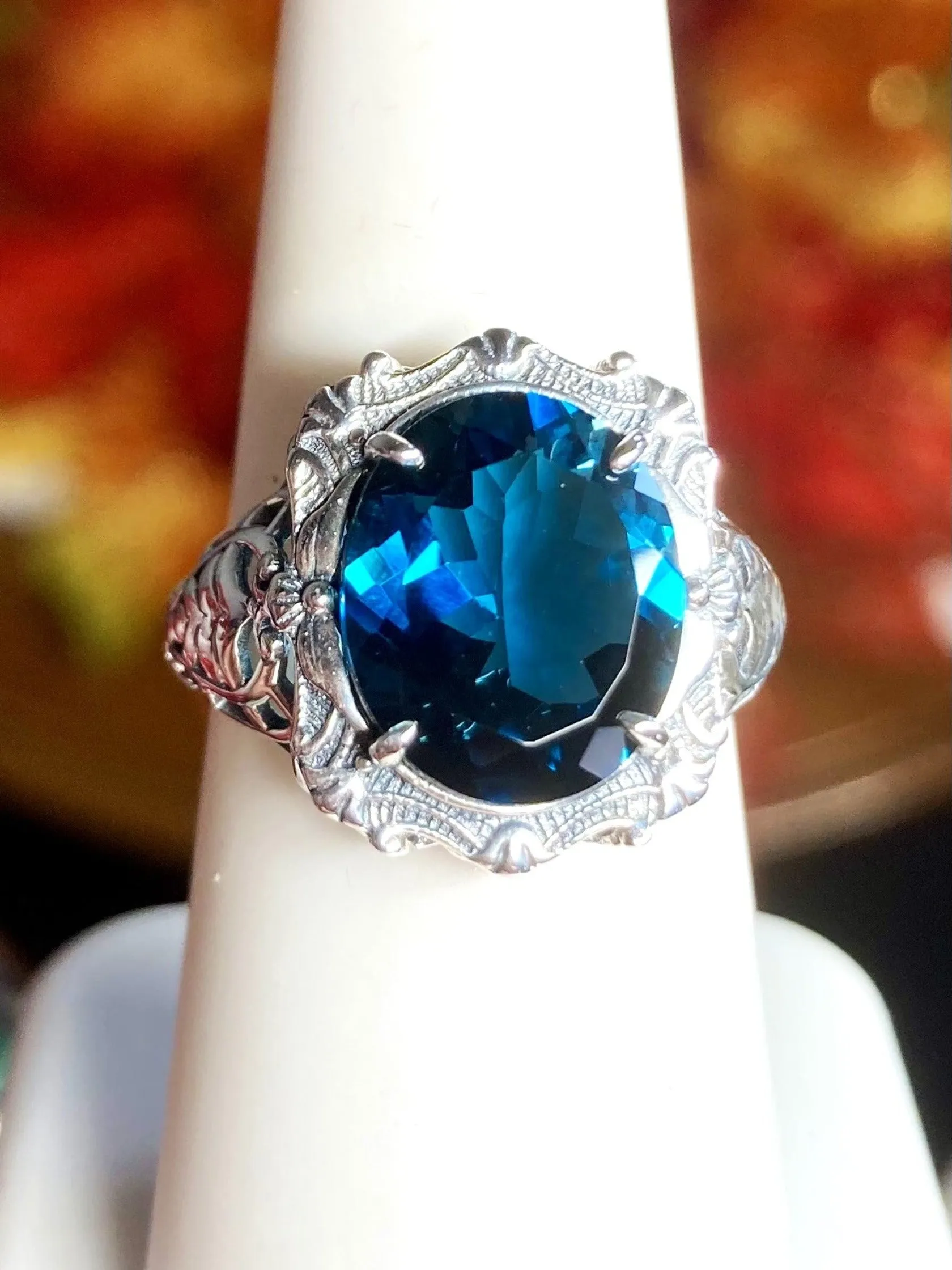 Natural Topaz Ring, Beauty Ring, London Blue Natural Gemstone, Oval Art Nouveau Filigree Ring, D229