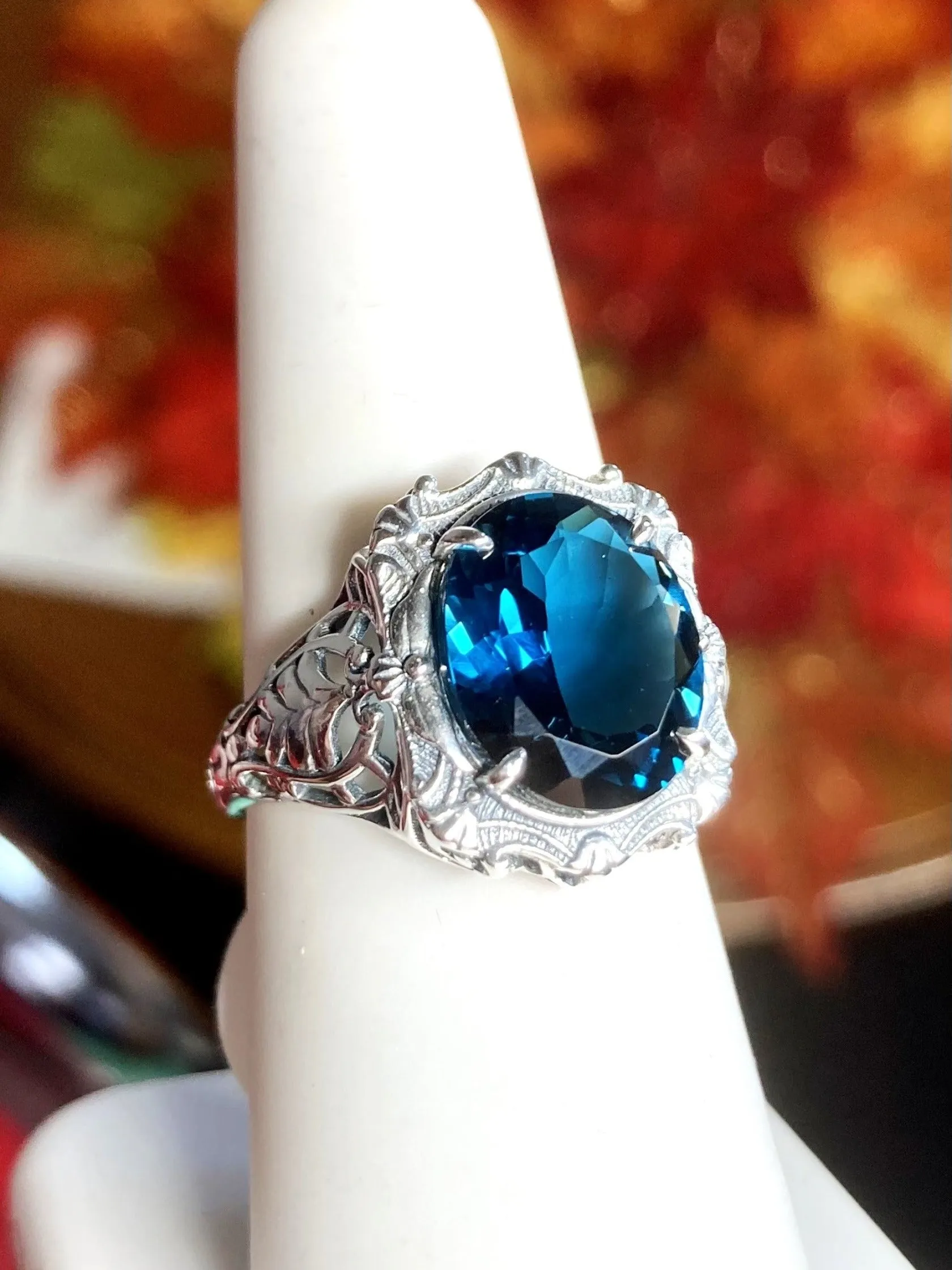 Natural Topaz Ring, Beauty Ring, London Blue Natural Gemstone, Oval Art Nouveau Filigree Ring, D229