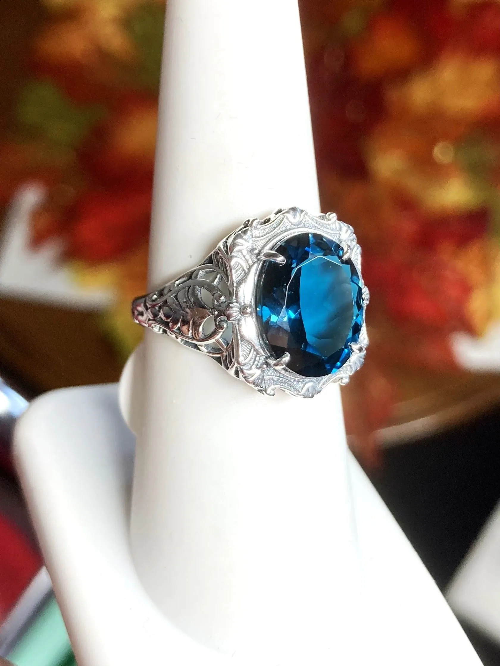Natural Topaz Ring, Beauty Ring, London Blue Natural Gemstone, Oval Art Nouveau Filigree Ring, D229