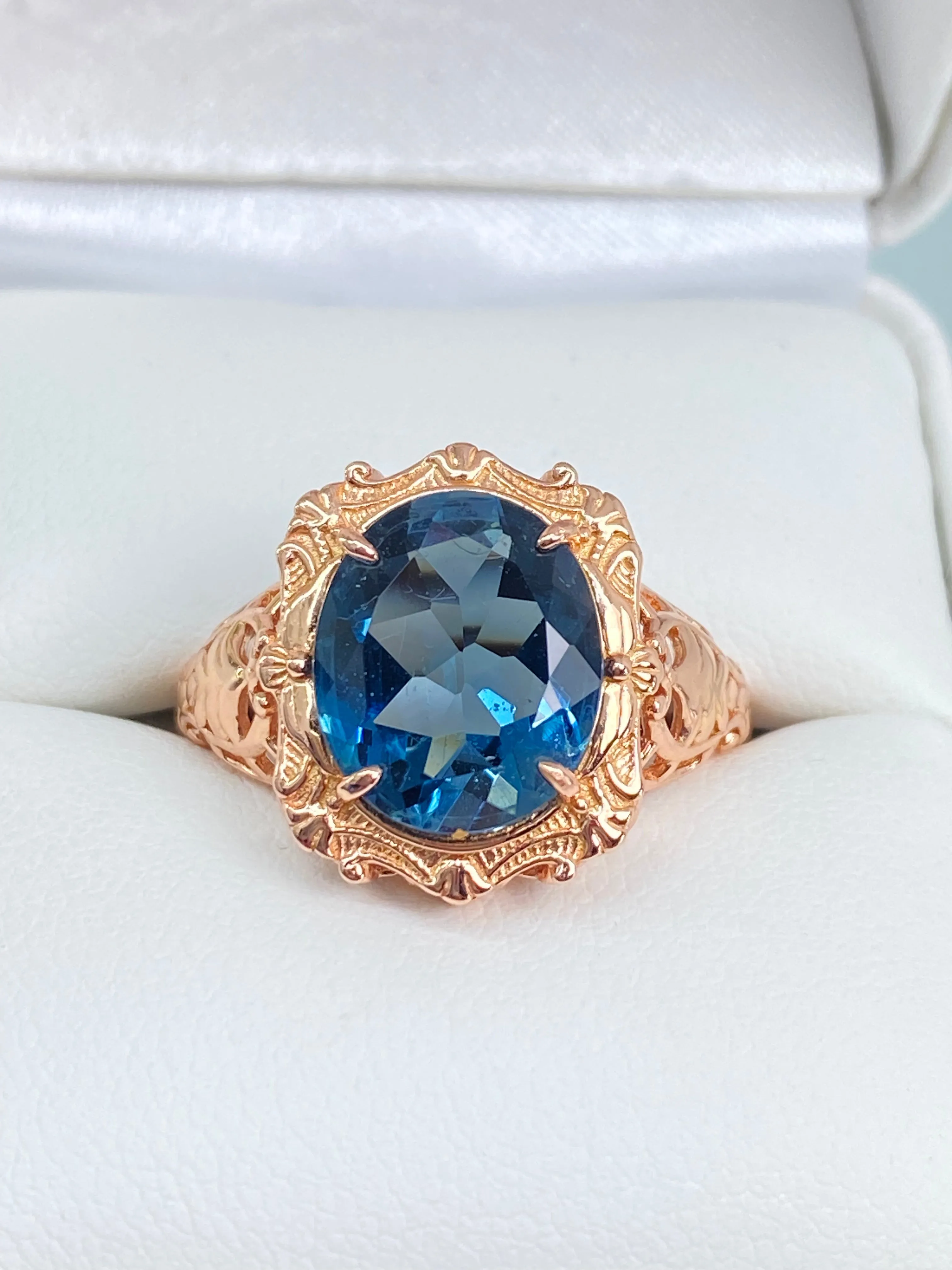 Natural Topaz Ring, Beauty Ring, London Blue Natural Gemstone, Rose Gold plated Filigree Ring, D229