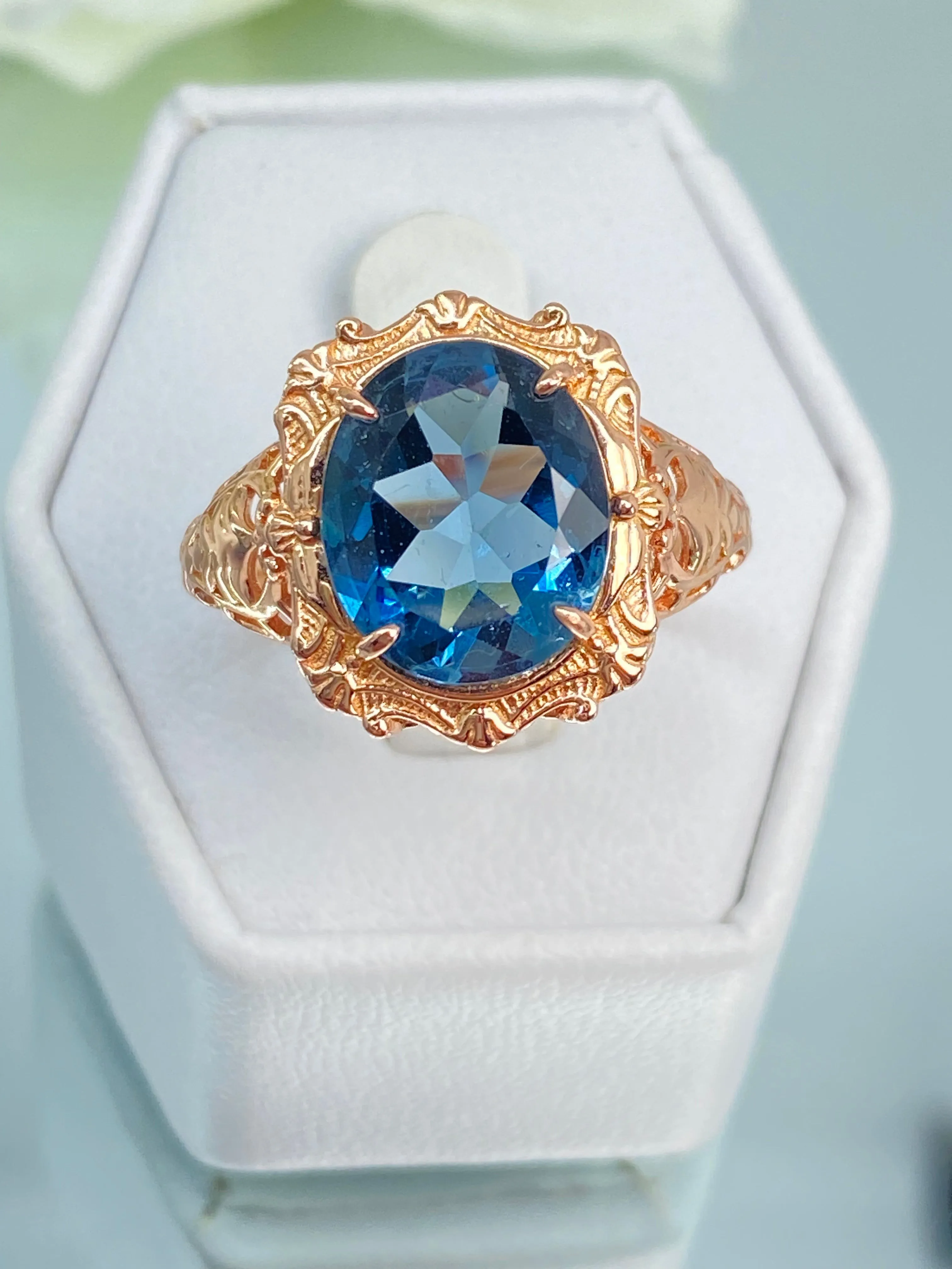 Natural Topaz Ring, Beauty Ring, London Blue Natural Gemstone, Rose Gold plated Filigree Ring, D229