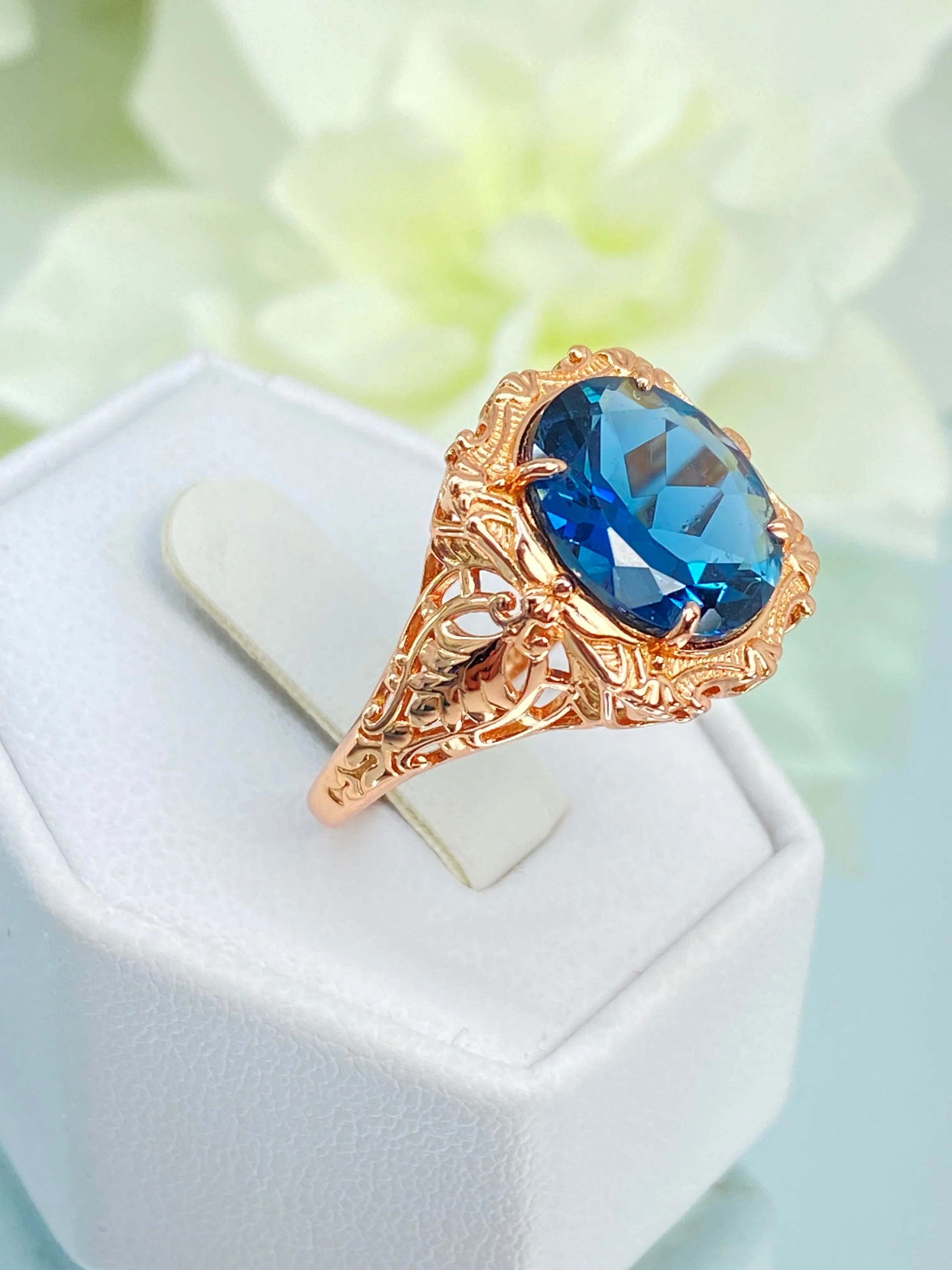 Natural Topaz Ring, Beauty Ring, London Blue Natural Gemstone, Rose Gold plated Filigree Ring, D229
