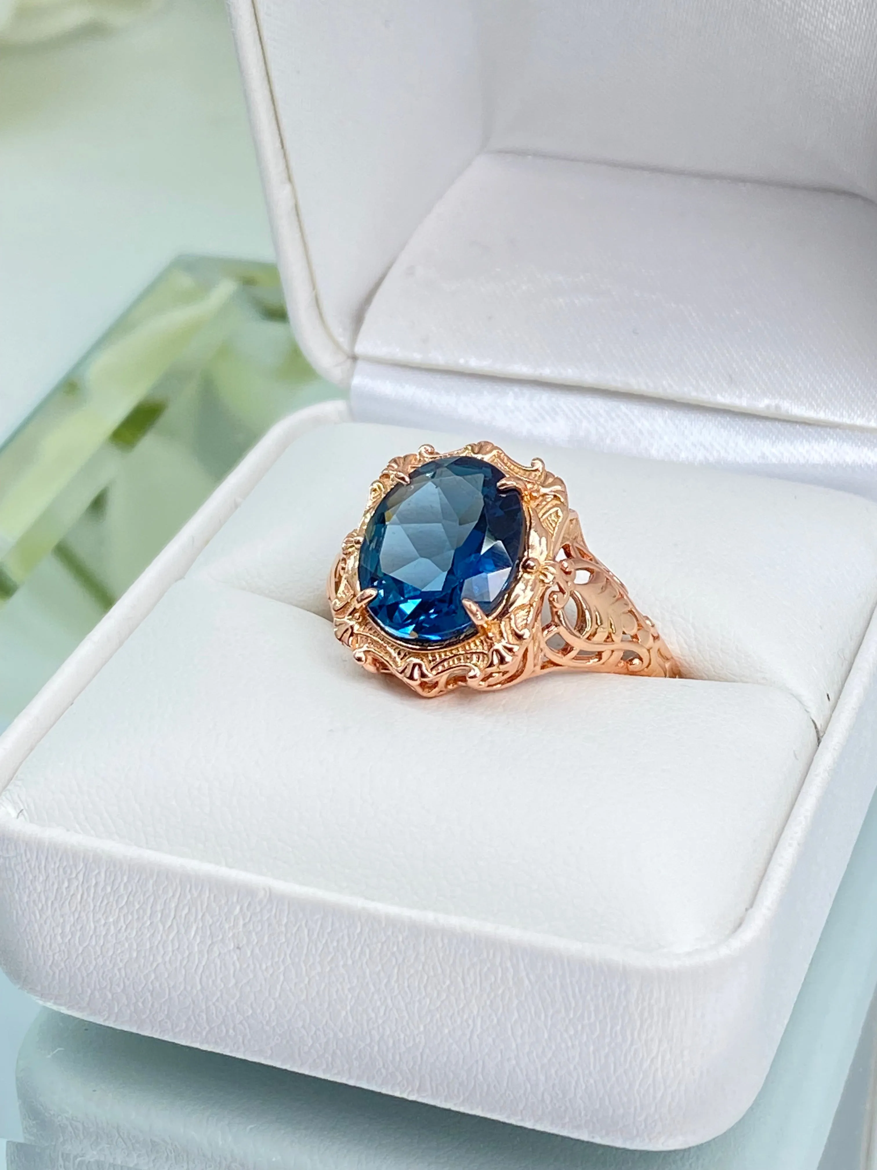 Natural Topaz Ring, Beauty Ring, London Blue Natural Gemstone, Rose Gold plated Filigree Ring, D229